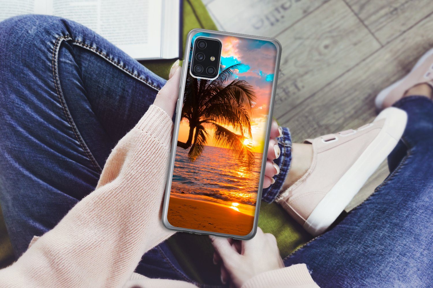 MuchoWow Handyhülle für Samsung Galaxy A52 5G Palme - Sonnenuntergang - Horizont - Strand, Smartphone-Bumper, Print, Handy Schutzhülle Dünn