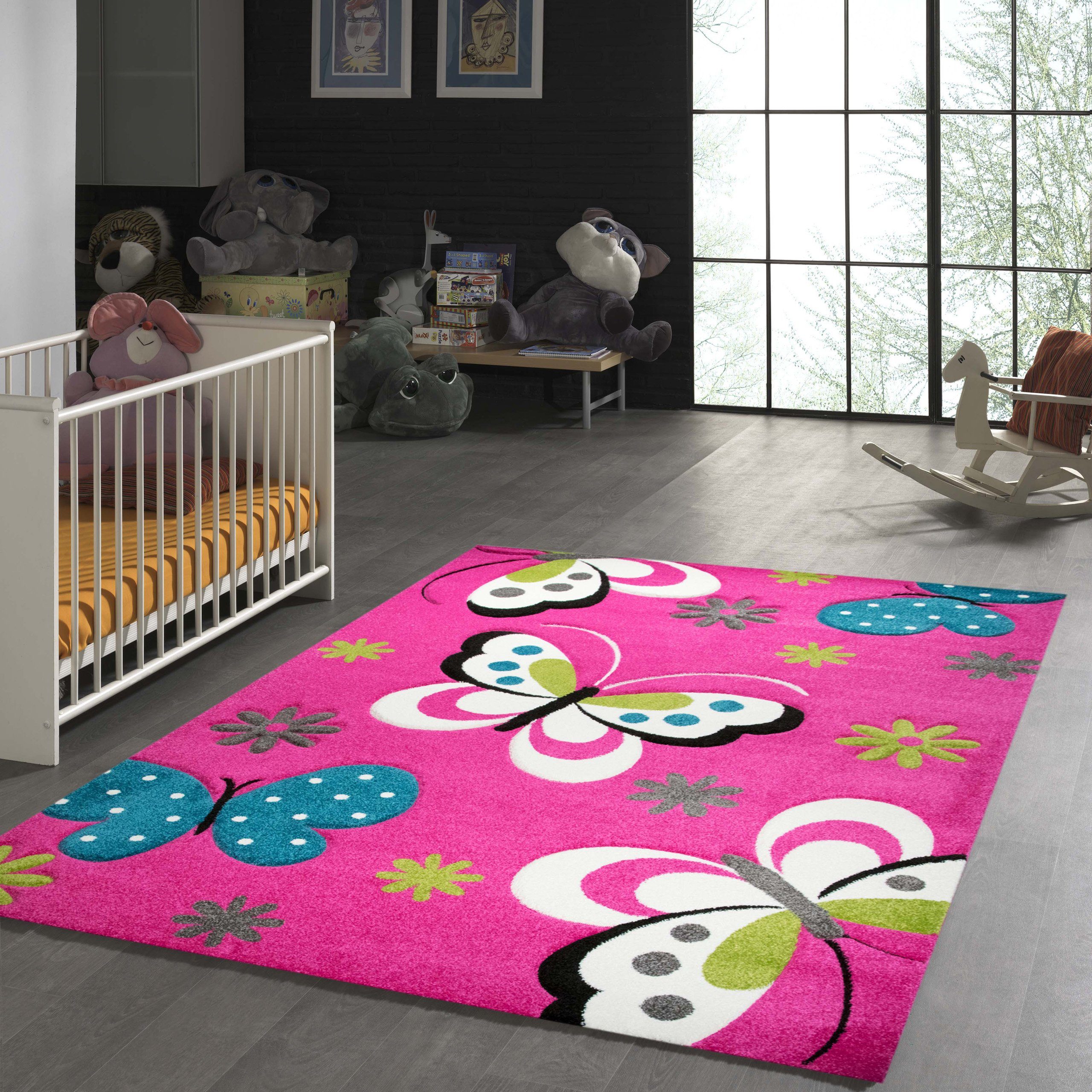 TeppichHome24 Kinderteppich Kinderteppich Schmetterling Design Pink Türkis Grau Grün Creme, rechteckig, Höhe: 13 mm