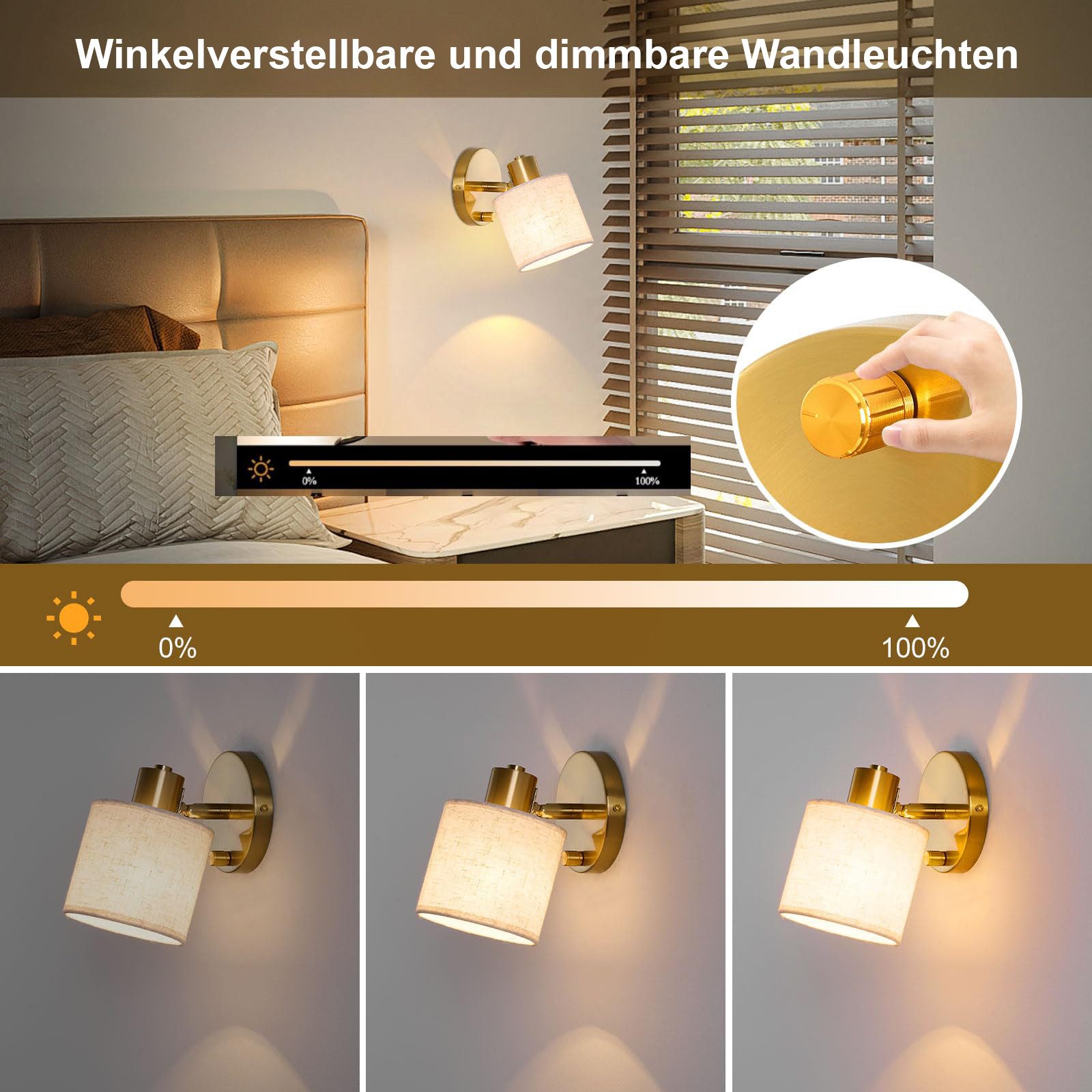 Rosnek LED Wandleuchte Wandlampe innen dimmbar mit Schalter E27 40W inkl. Leuchtmittel, LED wechselbar, Wandleuchte mit beige Leinenschirm für Schlafzimmer Wohnzimmer Flur