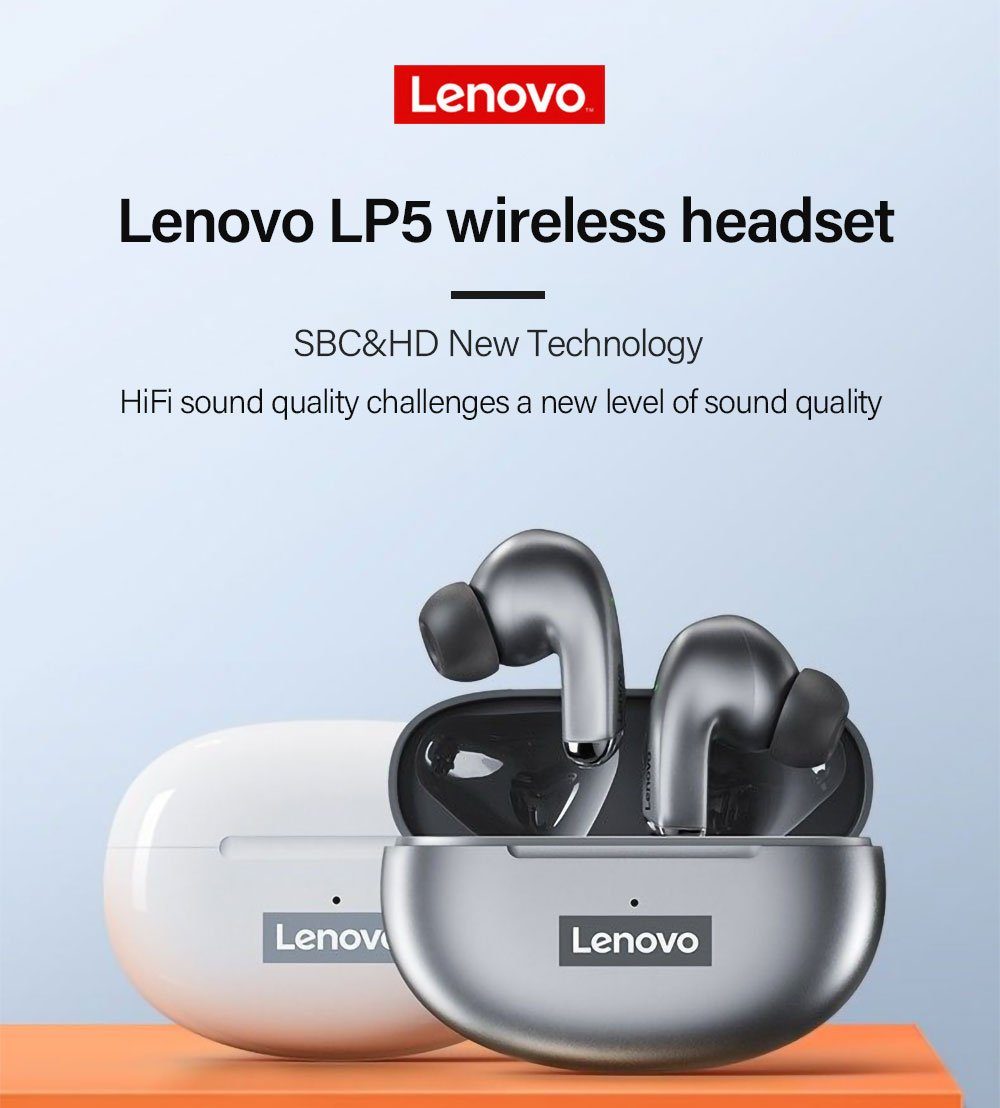 Lenovo LP5 mit Touch-Steuerung Bluetooth-Kopfhörer Siri, 5.0, mit Assistant, kabellos, Bluetooth Ohrhörer Kopfhörer-Ladehülle Google Stereo mAh 250 (True Grau) Wireless, 