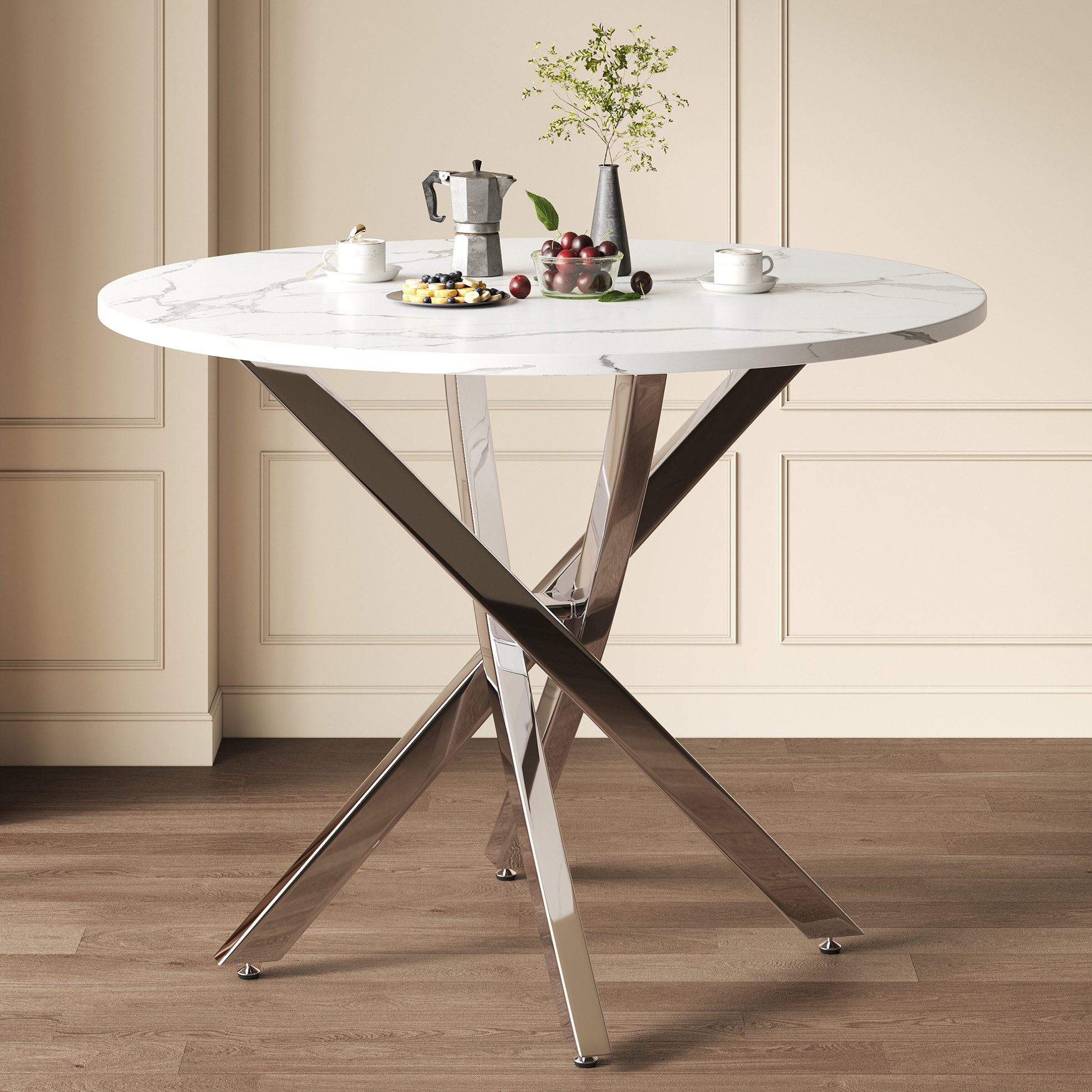 REDOM Esstisch Kompakter runder Tisch für Esszimmer & Wohnzimme (Packung, 1-St., Weiß+Silber, 80×80×75 cm, vielseitig einsetzbar), Marmoroptik, verchromte Beine, stabil
