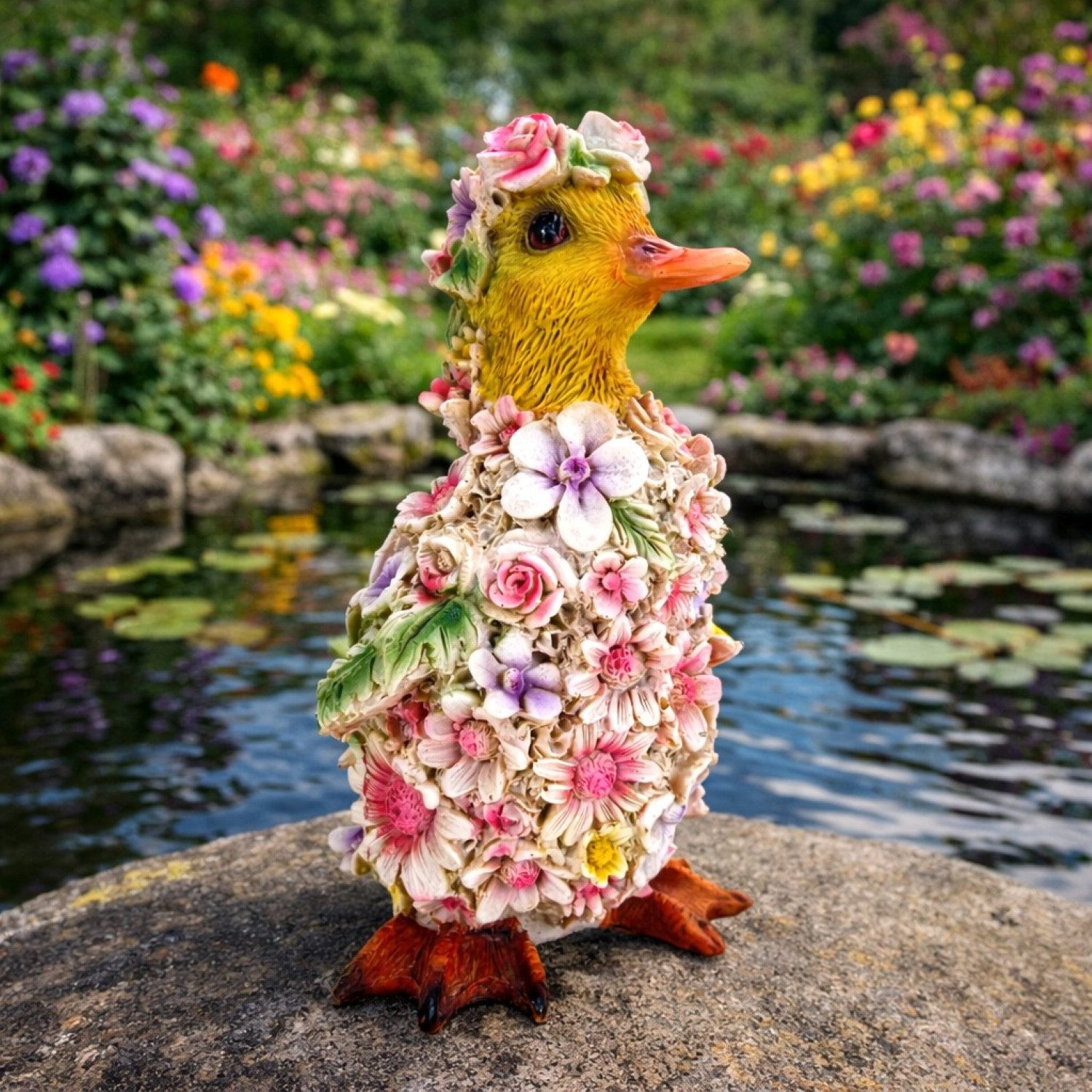 Online-Fuchs Gartenfigur für außen - süßes Entenküken im Blumenkleid - Deko Figuren, (mit Blumenkleid, wetterfest), aus langlebigem Kunstharz gefertigt, wetterfest - 18 cm groß