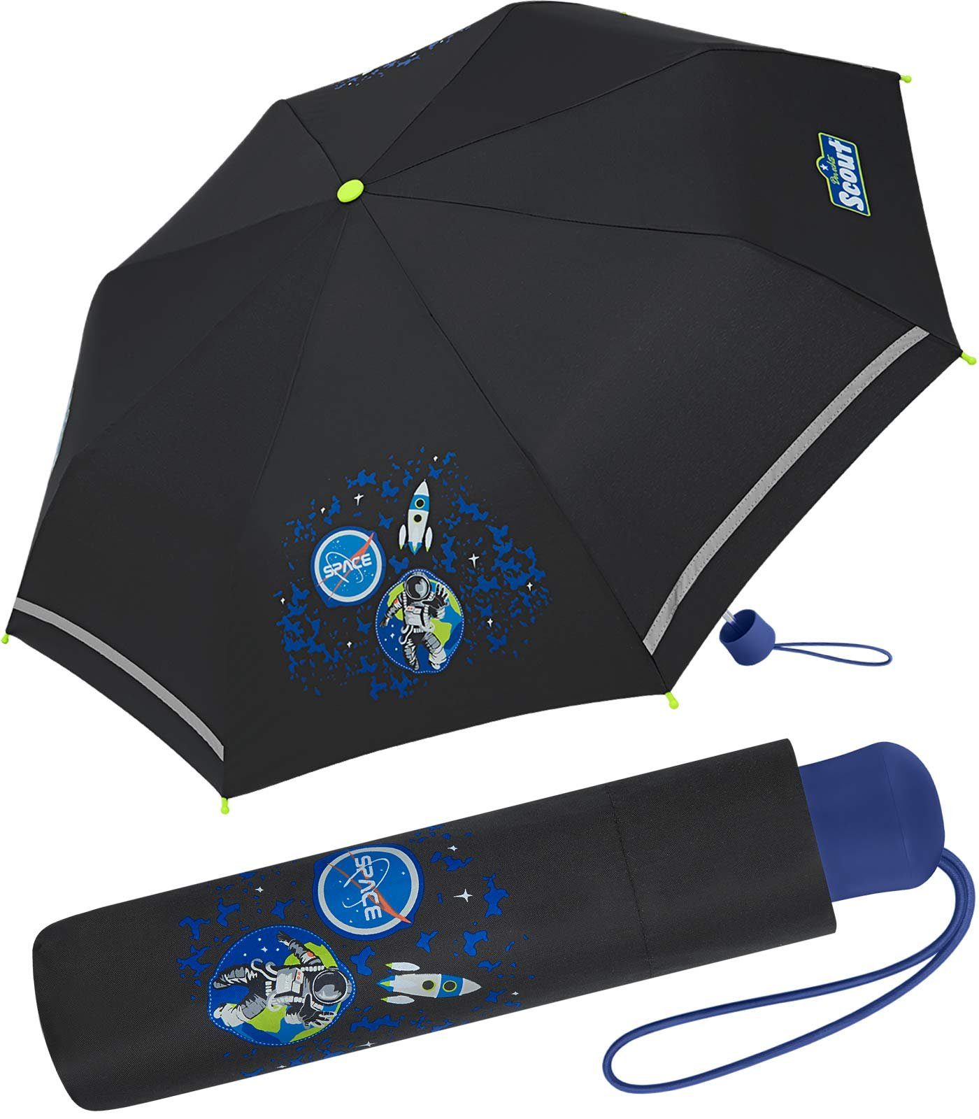 Scout Taschenregenschirm Black Galaxy - Mini Kinderschirm, extra leicht für Kinder gemacht, reflektierend und bedruckt