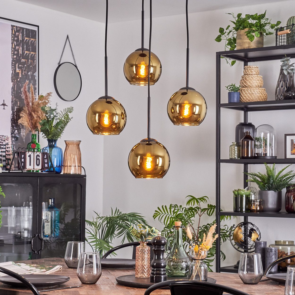 hofstein Hängeleuchte 4-flammige Hängelampe aus Metall/Glas in Schwarz/Goldfarben, moderne Pendelleuchte im Retro/Vintage-Design (Schirme Ø 15 cm), E27