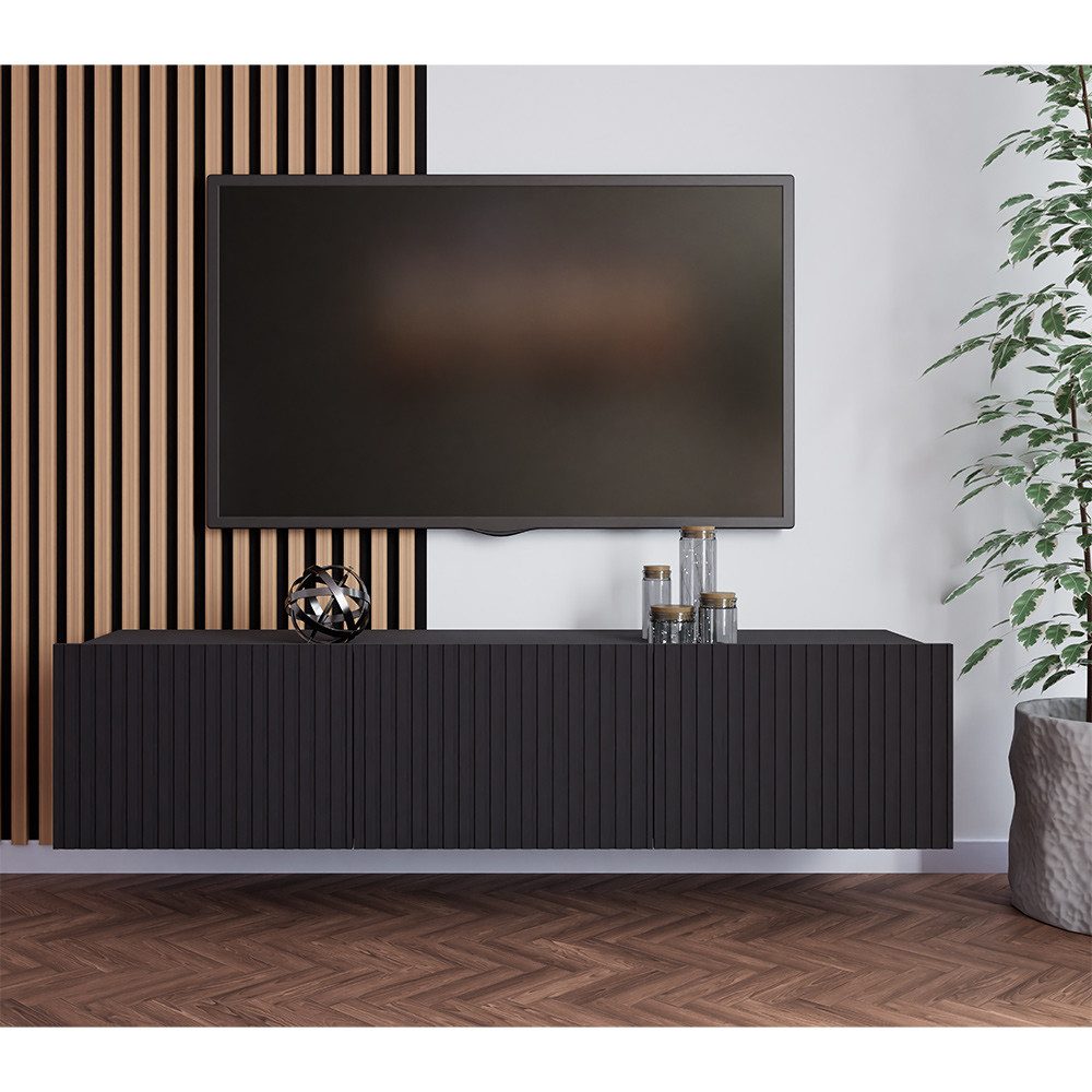 Lomadox Lowboard KEMPTEN-132, in schwarz matt, Rillenfront, 2-türig, 150 cm breit, Softclose