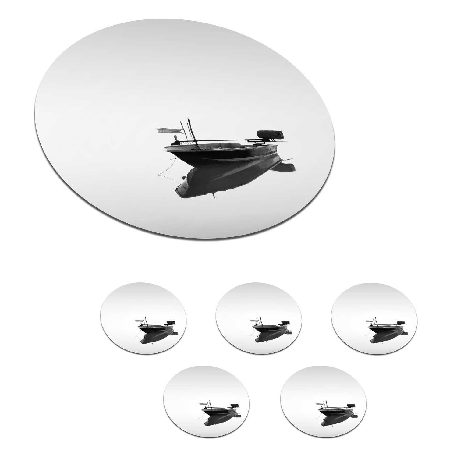 MuchoWow Glasuntersetzer Boot in ruhigem Wasser schwarz und weiß drucken, Zubehör für Gläser, 6-tlg., Getränkeuntersetzer, Tassenuntersetzer, Korkuntersetzer, Tasse, Becher