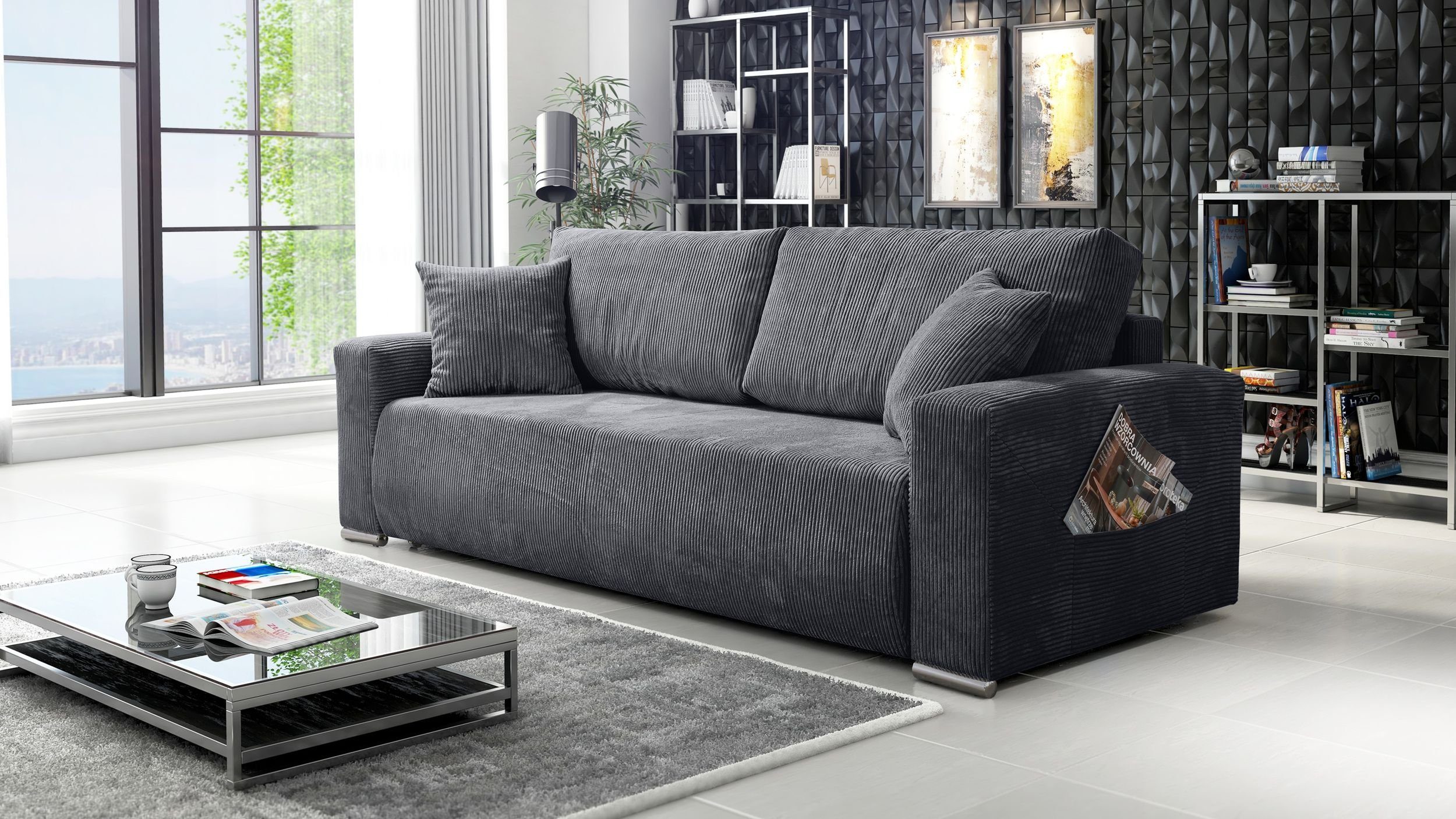 Lincoln Couch Küchen-Preisbombe Schlaffunktion Wohnlandschaft Sofa Sofa Cordstoff 3-Sitzer Schlafsofa Grau, Sofa mit