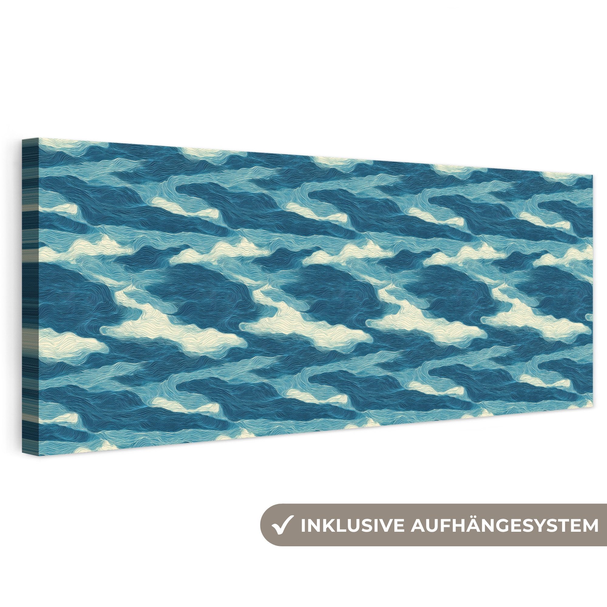 OneMillionCanvasses® Leinwandbild Panorama Wellen - Abstrakt - Muster - Blau - Weiß, Fotodruck (1 St), Wandbild XXL für Wohnzimmer Küche 120x40 cm