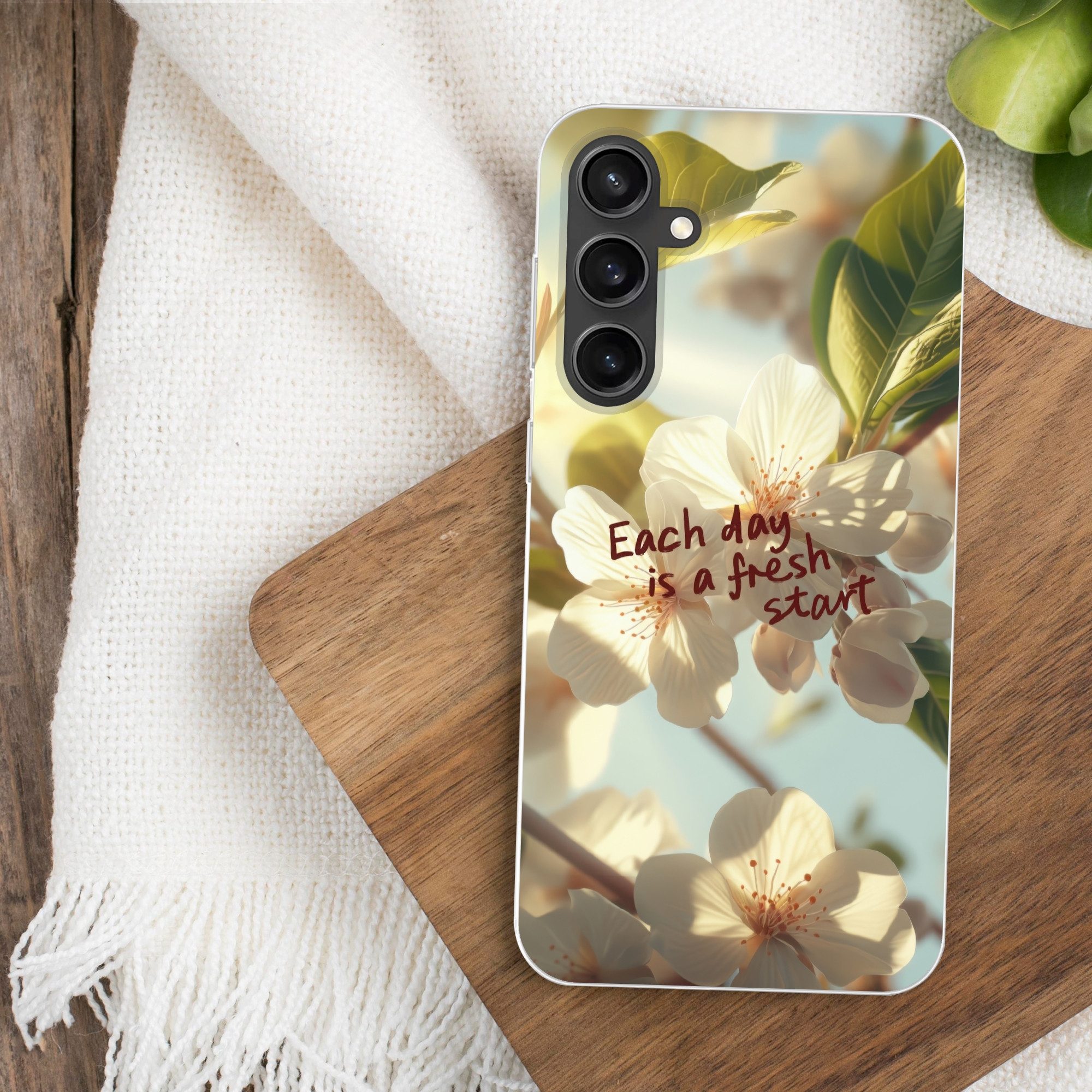 MuchoWow Handyhülle für Samsung Galaxy S23 FE Blüten - Sonnenlicht - Zitat - Weiß
