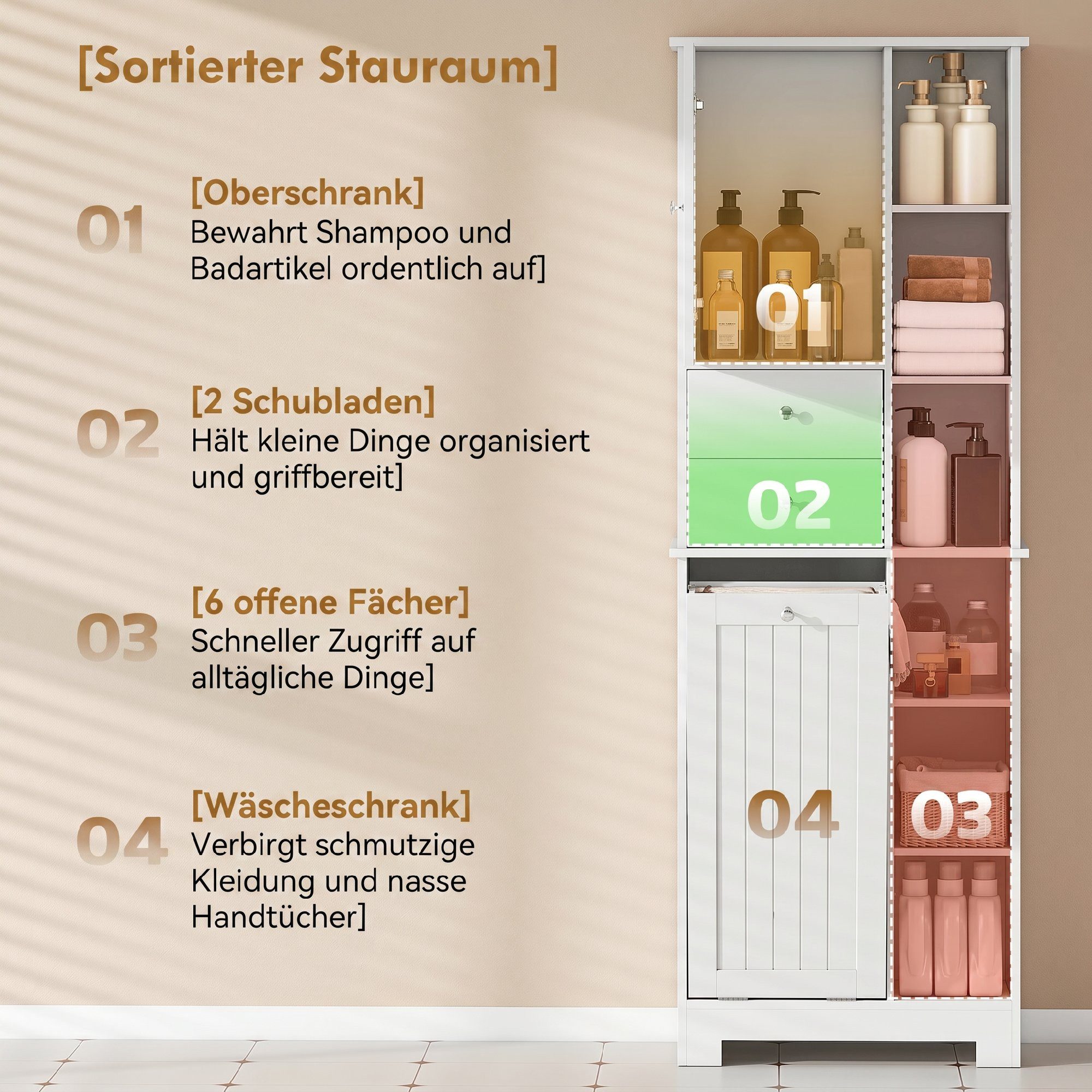 HOMCOM Badkommode Badezimmerschrank Hochschrank mit 2 Schubladen (Set, 1 St., Badschrank), Wäschekorb, Soft-Close, schmal – Bild 4 von 5
