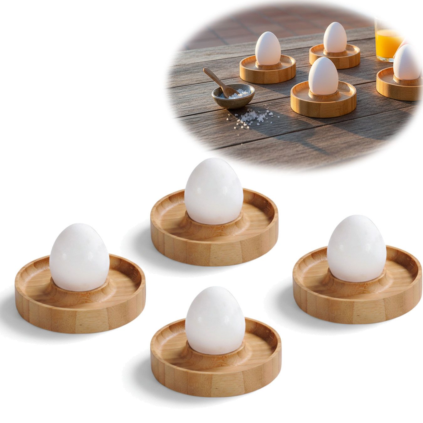 LS-LebenStil Eierbecher Holz Eierbecher 4´er Set Bambus Natürliche Optik Eierhalter Eihalter, (für das perfekte Frühstücksei auf dem Frühstückstisch, 4-tlg., Braun), natürliche Holzmaserung