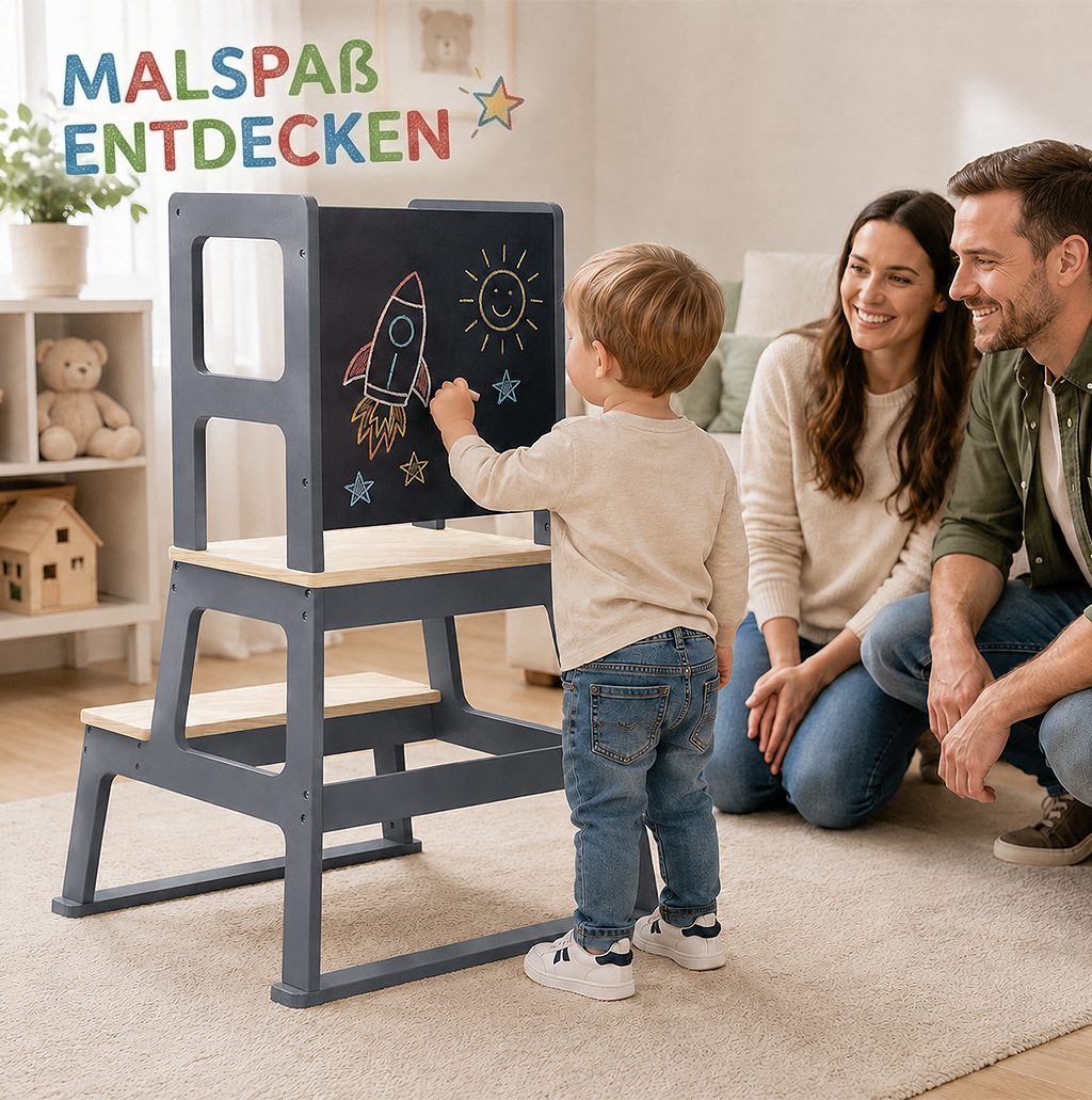Baby Vivo Stehhilfe Lernturm aus Holz - Mit Tafel in Grau