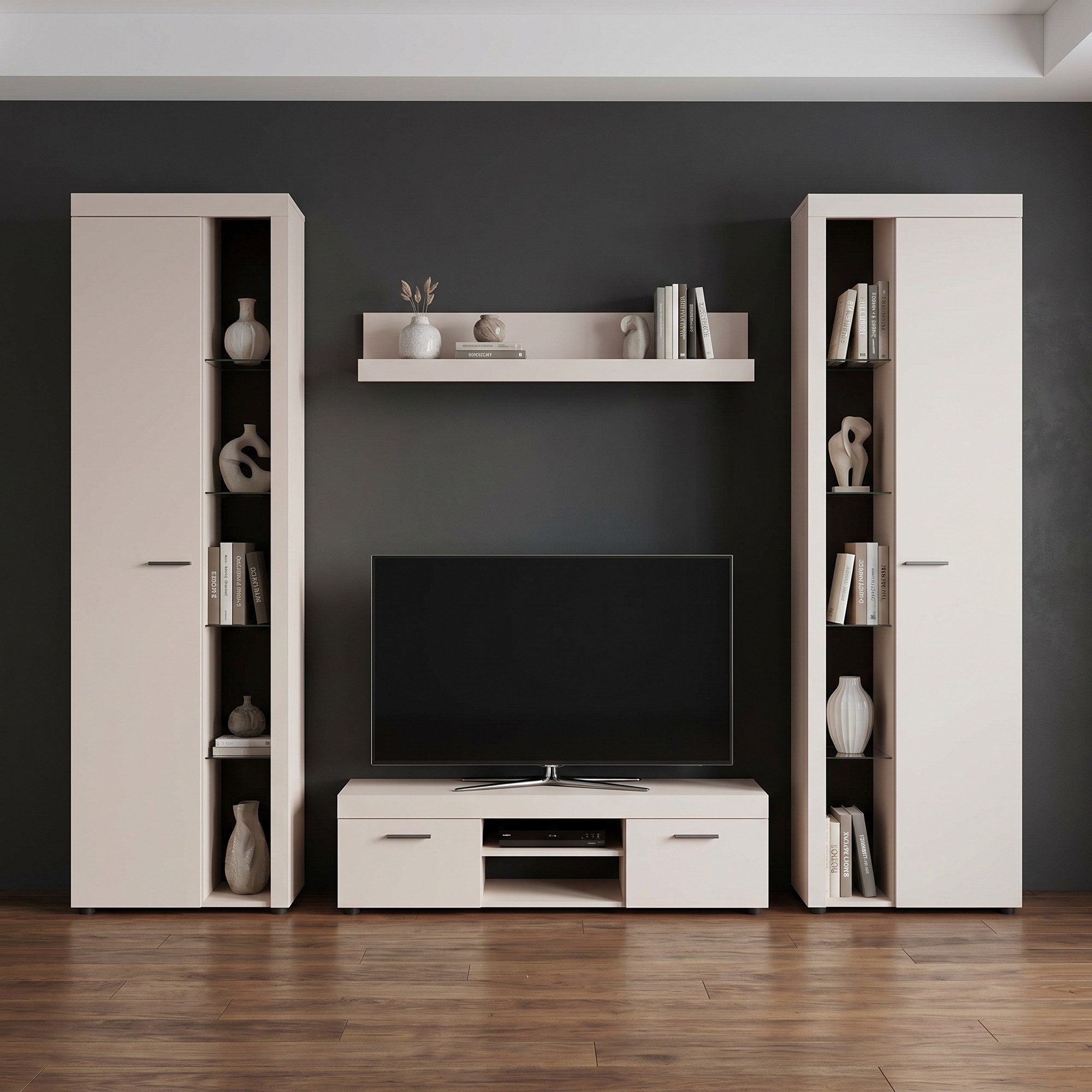 COMBO Wohnwand 300x190cm Beige Sand Vitrinenschränke TV-Lowboard Wohnzimmer, (2 Vitrinenschränke TV-Lowboard Wandregal 4-teilig, 4-St), Glaseinlegeböden Schubladen modern stilvoll elegant