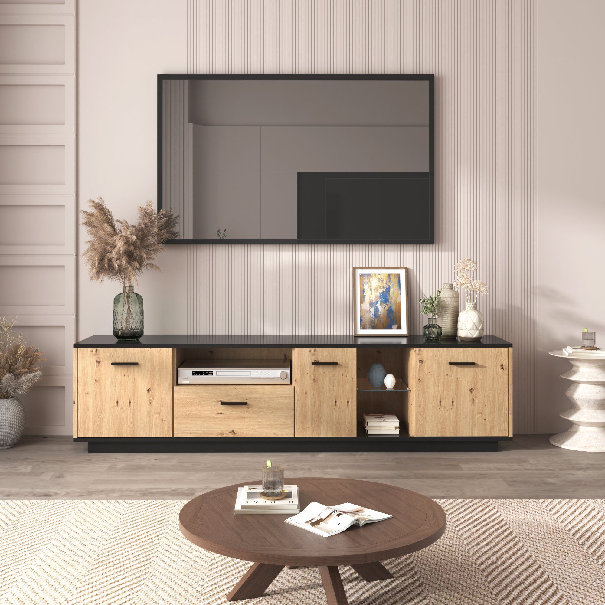 Ulife TV-Schrank Lowboard mit einer Schublade, drei Türen Fernbedienungen (zwei offene Fächer mit Glas) 15 variable LED-Leuchten, 180 L x 40 B x 45 H(cm)