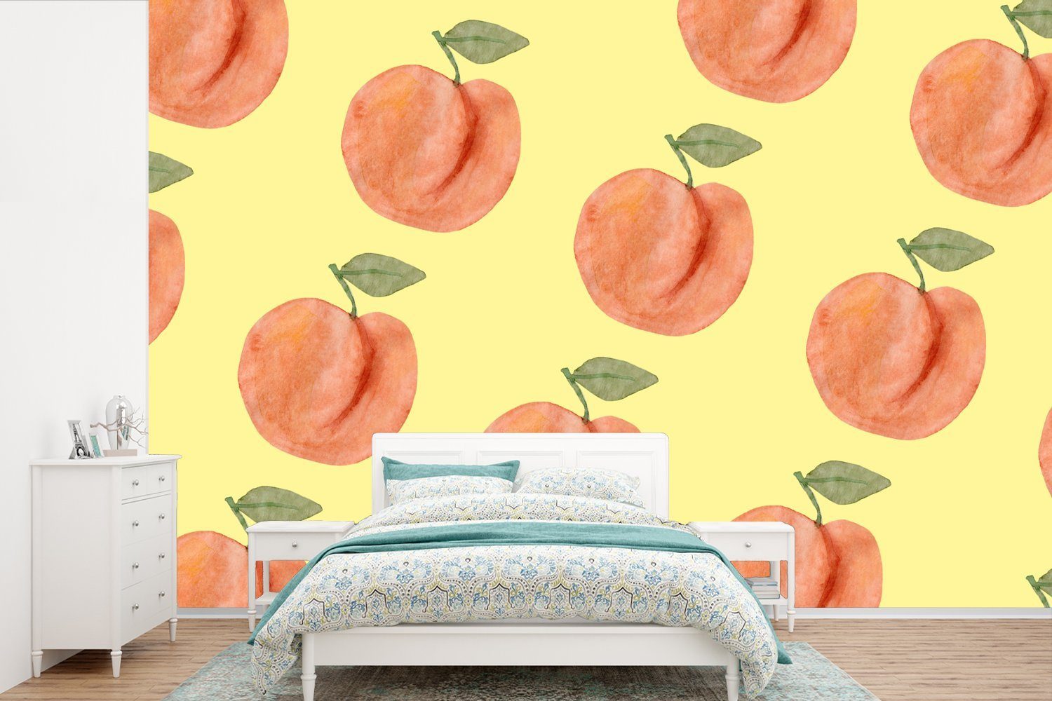 MuchoWow Fototapete Pfirsiche - Obst - Gelb, Matt, bedruckt, (6 St), Wallpaper für Wohnzimmer, Schlafzimmer, Kinderzimmer, Vinyl Tapete