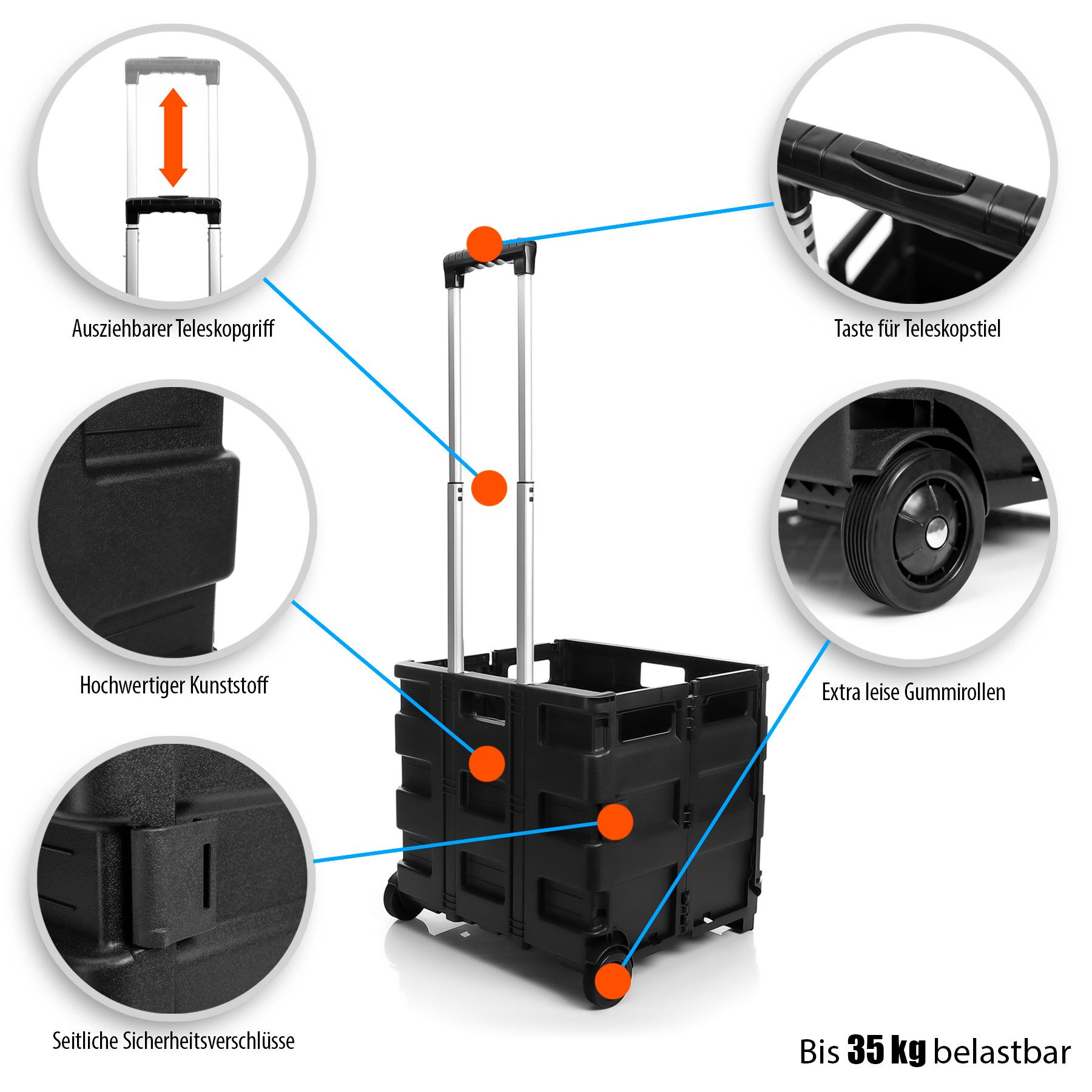 BigDean Einkaufstrolley Einkaufswagen klappbar belastbar bis 35kg - Teleskopgriff, 35 l, Transportbox, Transportwagen, Trolley, Einkaufskiste