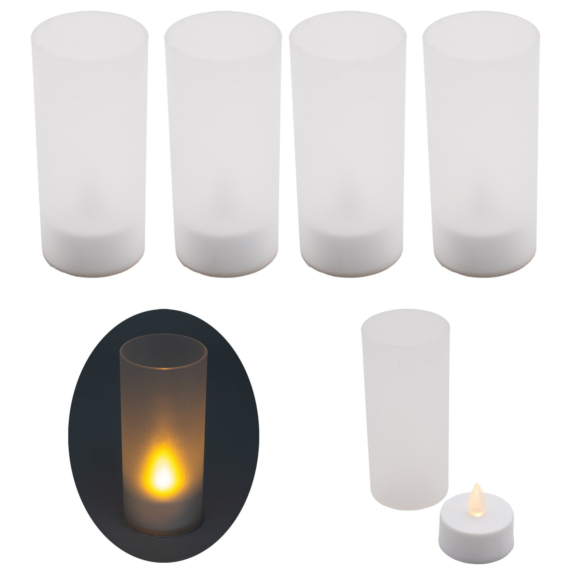 TSB Werk Teelicht LED Windlicht Teelicht Kerze Batterie Glas Timer (4-tlg), Warmweiß, Kerzenhalter, Flackernd
