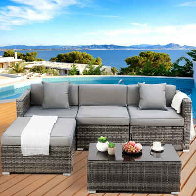 TLGREEN Gartenlounge-Set, (Rattan-Gartenmöbel-Set mit Eisenrahmen, Sofa 5-teilig mit Kissen und Glastisch), für Garten, Terrasse