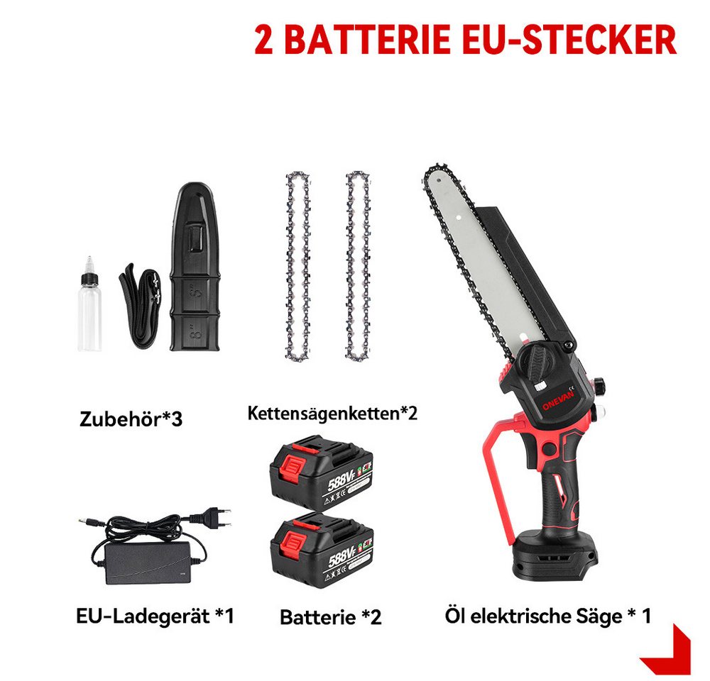Thumbnail - ONEVAN Akku-Kettensäge 8-Zoll Bürstenlose Mini Kettensäge Elektro, Handkettensäge Akku, mit 2 x Akku, 2 x Ersatzkette, f...