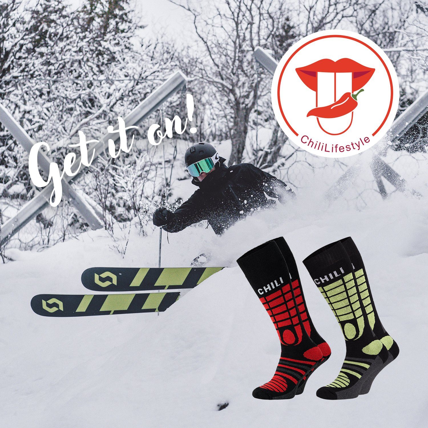 Chili Lifestyle Skisocken YEON gepolsterte Ski Kniestrümpfe Snowboard Winter aus Baumwolle (Multipack, 2-Paar, 2 Farbdesigns) Elastischer Bund