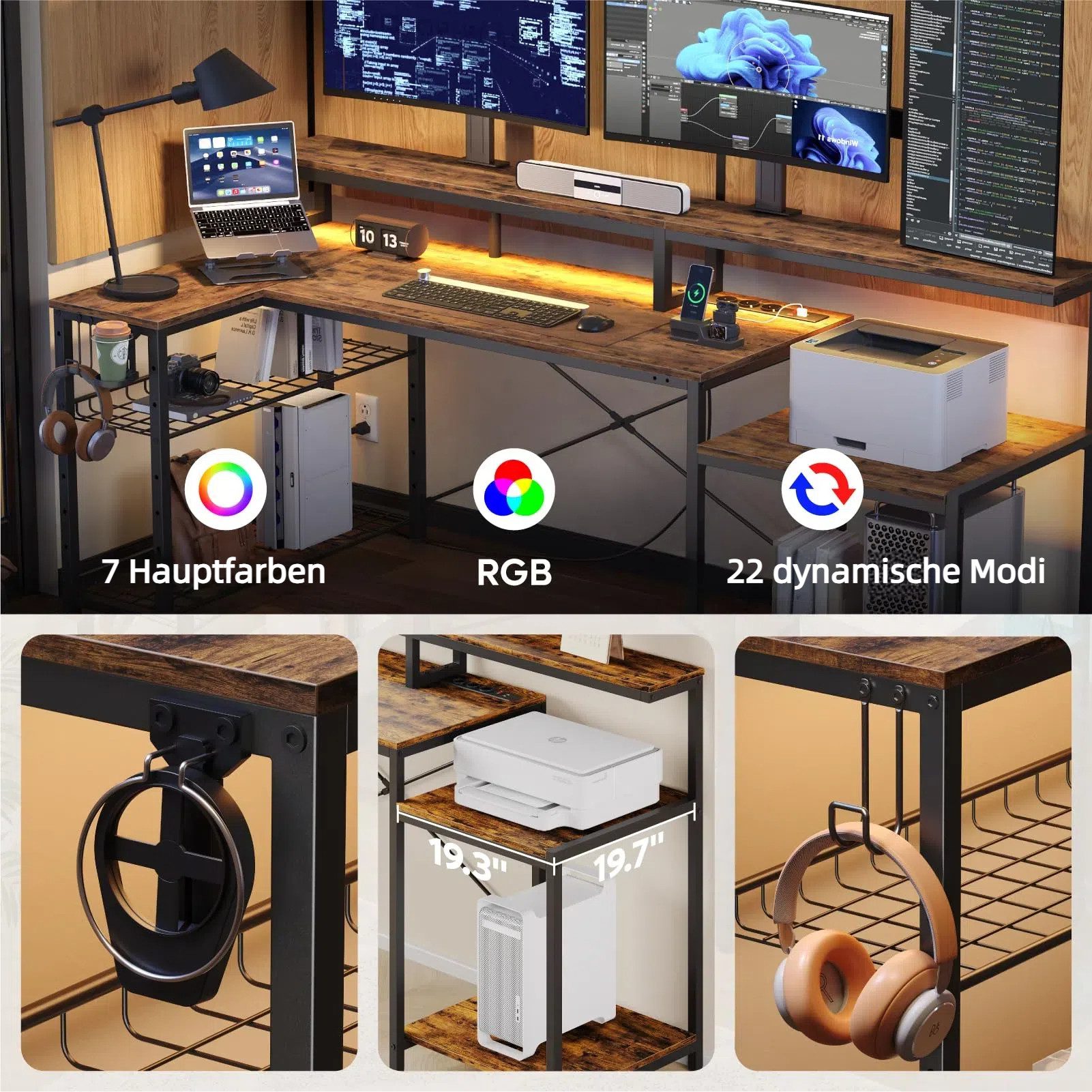 Bestier Gamingtisch 181 x 80 cm Computertisch, L-förmiger Schreibtisch (Gaming Tisch mit 3 AC-Steckdosen und 2 USB-Ladeanschlüssen, Tablett mit Ständer), Extra großer Computertisch mit großzügiger Monitorablage