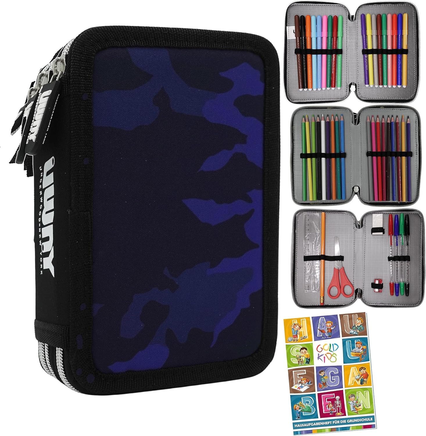 GOLDKIDS Пенали Federtasche Federmappe XXL Schüleretui, (Federtasche Federpenal Schulmäppchen, 1-tlg., Underwood New York Military Moro), blau 3 Fächer 45-teilig gefüllt inkl Hausaufgabenheft