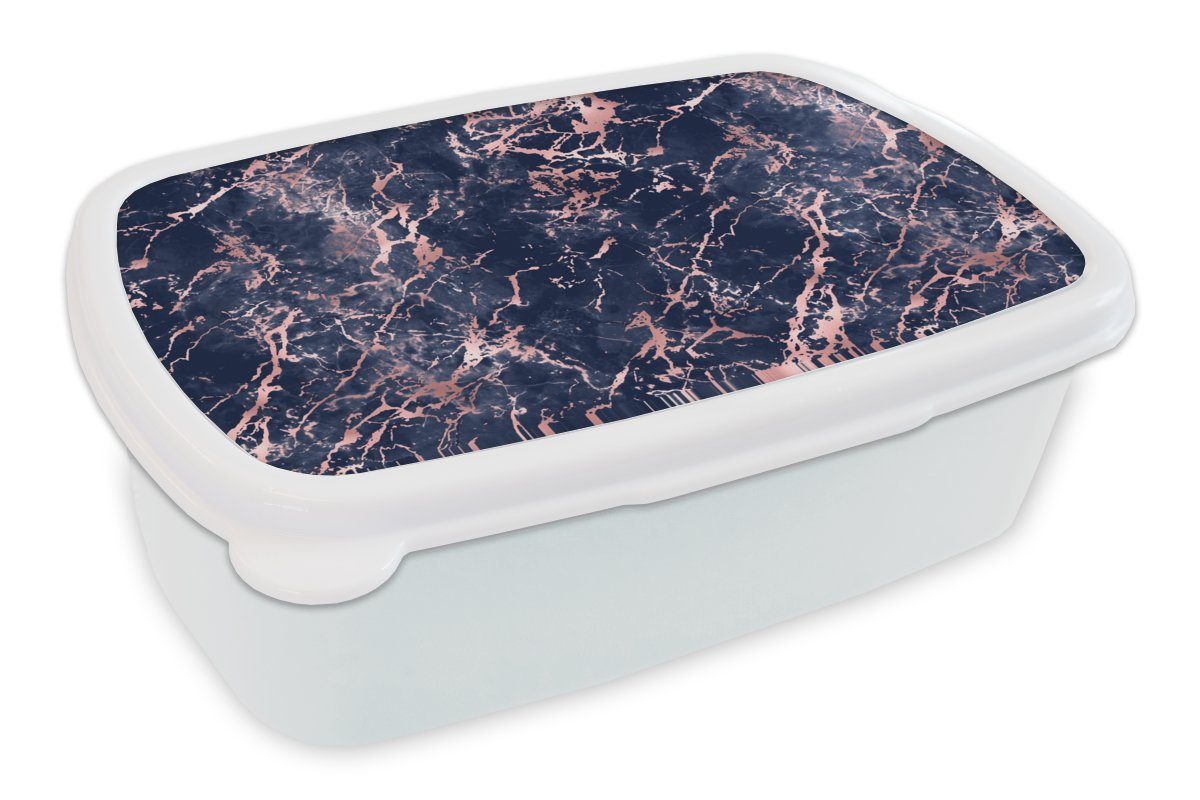 MuchoWow Lunchbox Rosa - Marmor - Blau - Muster, Kunststoff, (2-tlg), Brotbox für Kinder und Erwachsene, Brotdose, für Jungs und Mädchen weiß