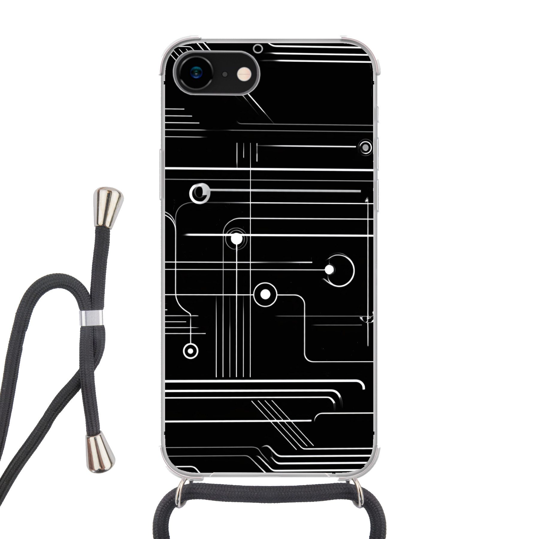 MuchoWow Handyhülle für Apple iPhone 8 Spiele - Abstrakt - Linien - Kreise - Schwarz, Tragbare Handyhüllen mit Kette zum umhängen, Handykette Handyband