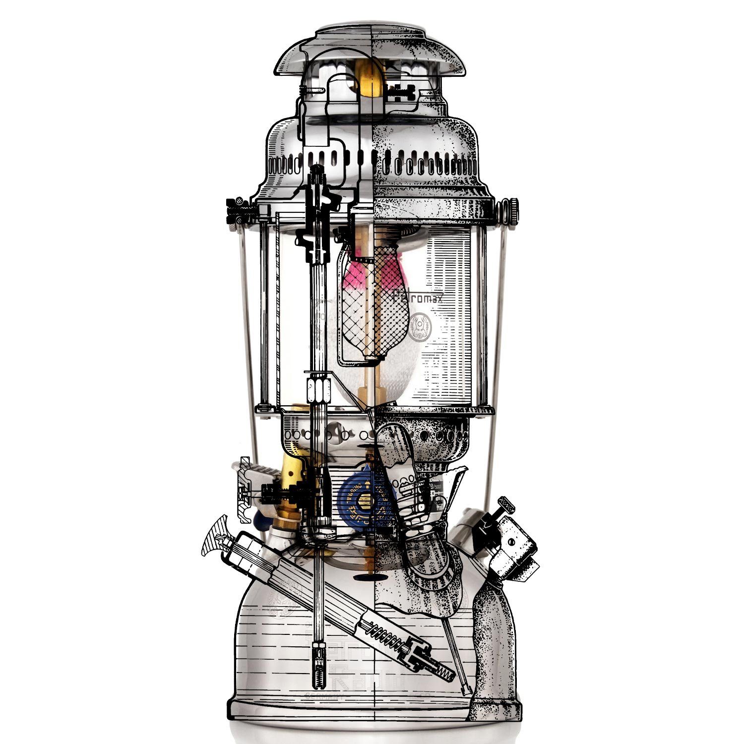 Glühstrumpf, Petromax mit HK500 Tischleuchte Tischlampe Starklichtlampe Hängeleuchte, Kochaufsatz, Messing Kaltweiß, verchromt