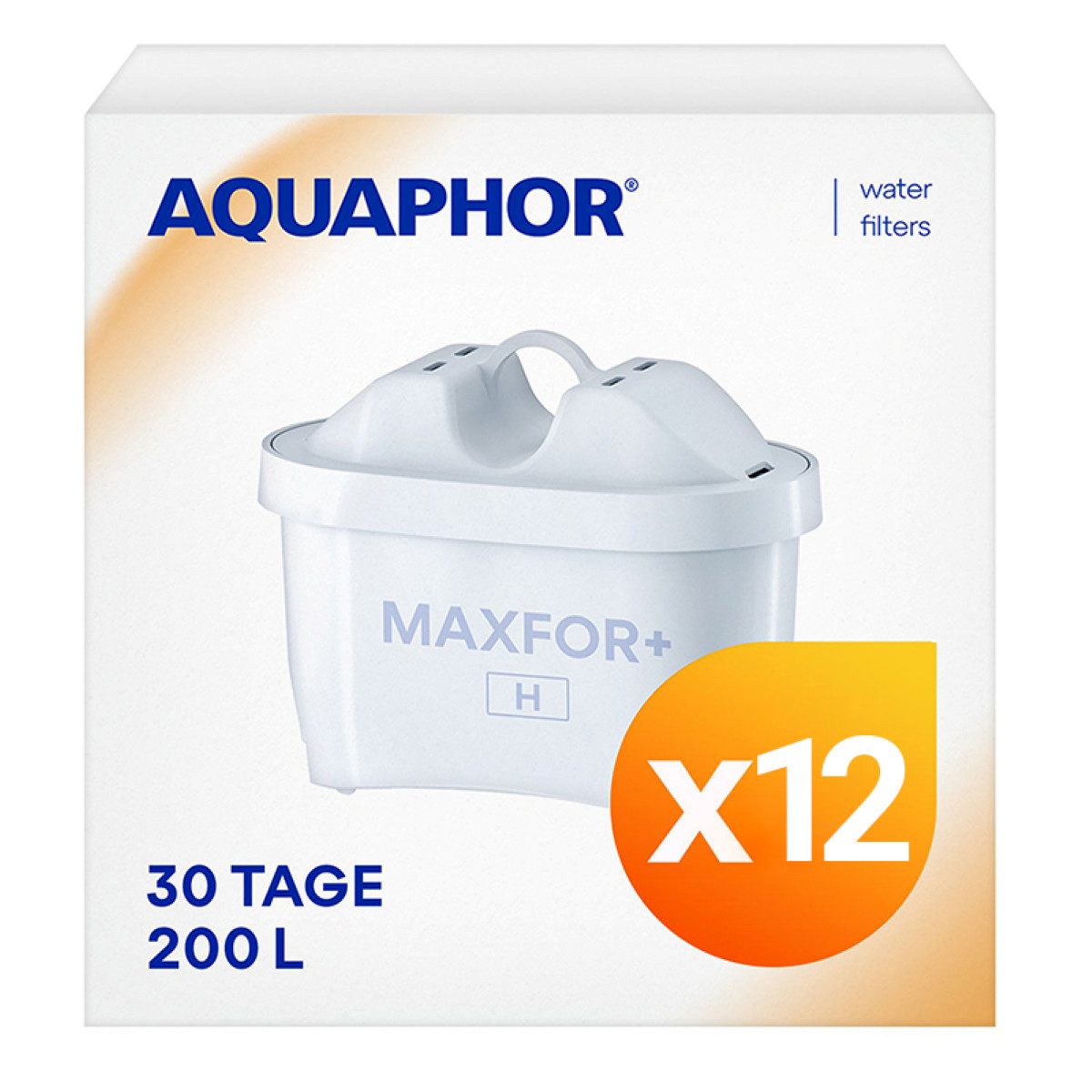 AQUAPHOR Kalk- und Wasserfilter MAXFOR+ H hartes Wasser, Pack 12 - gegen Kalk, Chlor & weitere Stoffe, Zubehör für AQUAPHOR Modellen Onyx, Jasper, Amethyst sowie vielen Tischwasserfiltern anderer Hersteller., AQUALEN Technologie. Bis zum 200 L. Kapazität., BPA frei