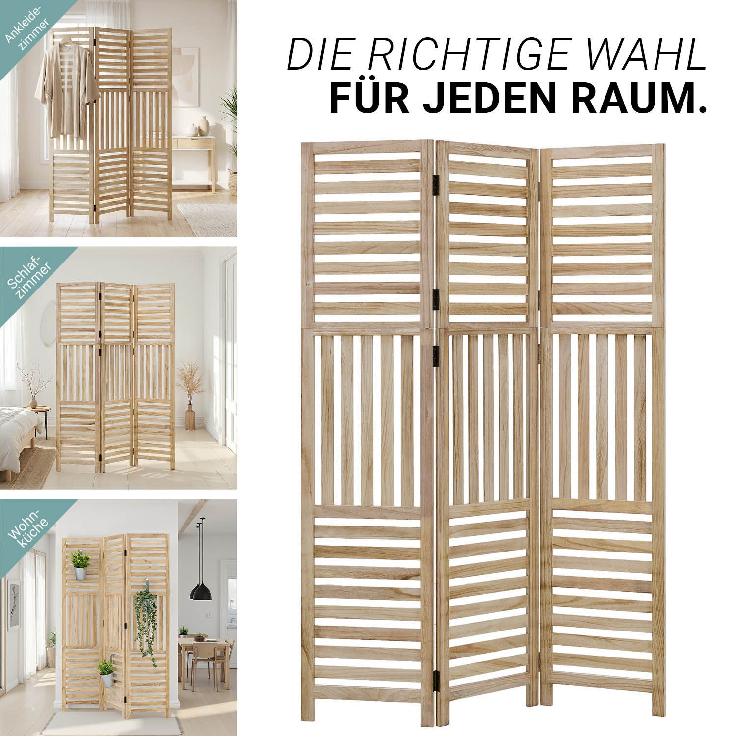 Homestyle4u Paravent Raumteiler Holz Trennwand Natur Sichtschutz Indoor faltbar Lamellen (3-teilig), Paneel Paneeloptik