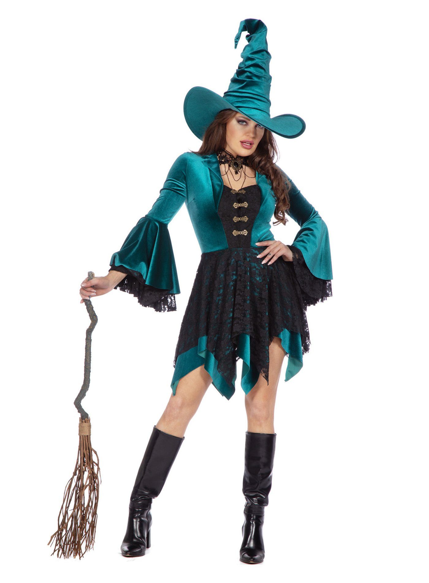 Metamorph Hexen-Kostüm Hexenkleid türkisem Samt - Halloween Kostüm Damen, Auf magische Weise anziehend: märchenhaft schönes Hexenkostüm