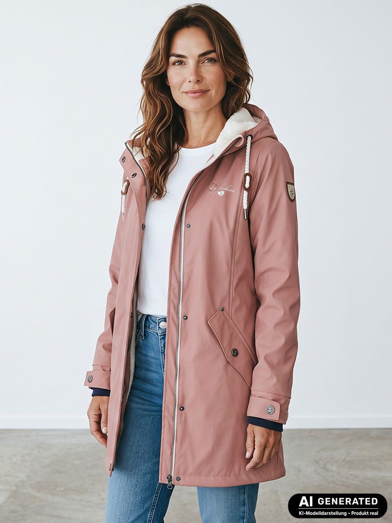 Dry Fashion Regenmantel Malmö Damen Regenjacke Teddy-Fleece-Futter - Outdoor-Jacke Wasserdicht Winddicht, Verschweißte Nähte, 2-Wege-Reißverschluss abgedeckt, Kapuze