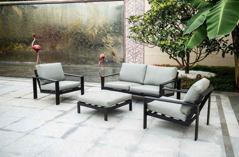 HOME DELUXE Sitzgruppe »Sitzgruppe RIO«, (Set, 2x Sessel, Sofa, Hocker und Kissen), Rahmen aus leichtem, extrastabilem und rostfreiem Aluminium