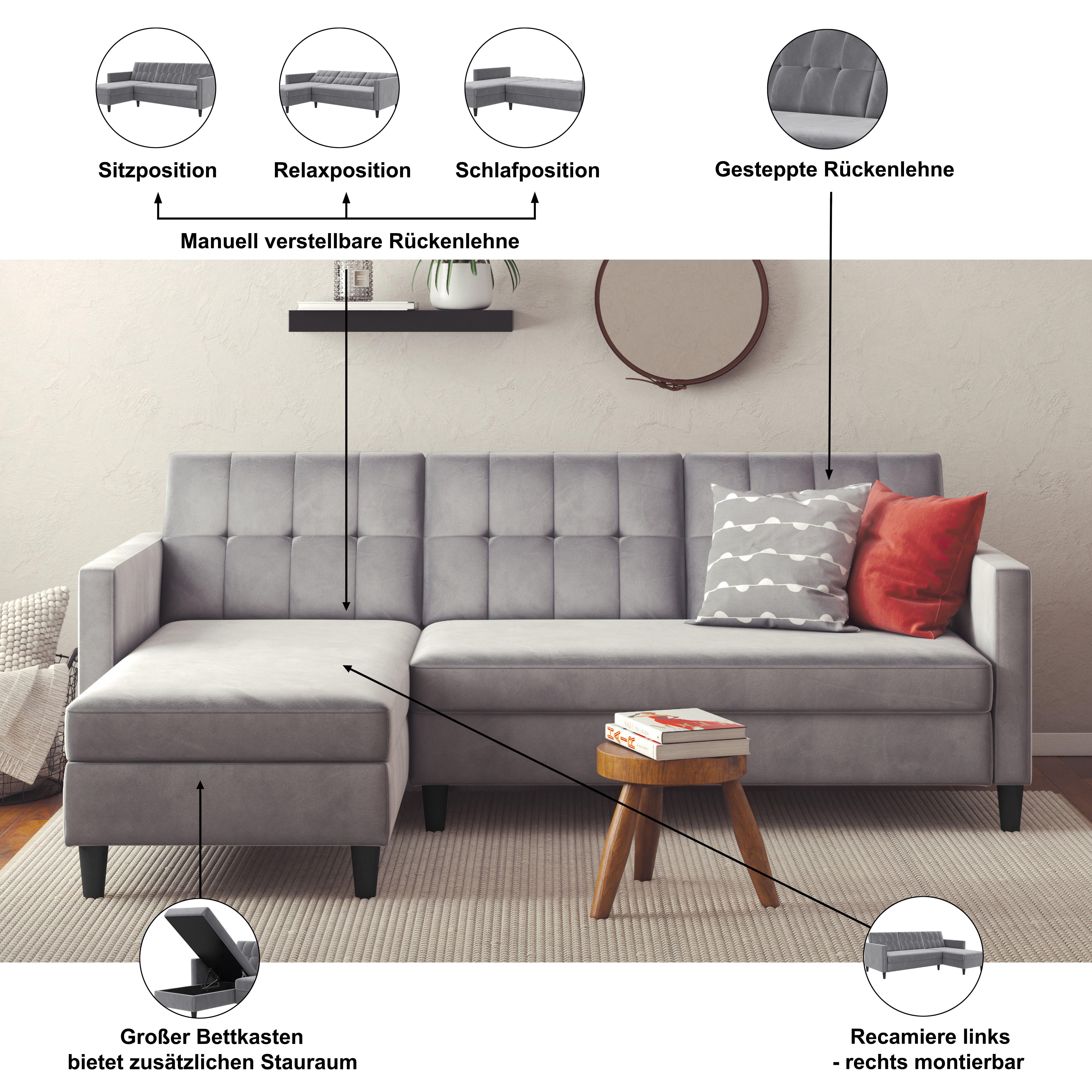 Dorel Home Ecksofa Hartford II, mit Bettfunktion und Stauraum, Recamiere beidseitig montierbar