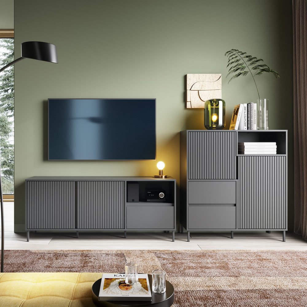 Lomadox Wohnwand AMELIA-129, (2-St., Highboard Lowboard), Lowboard Highboard Anthrazit Grau Rillen