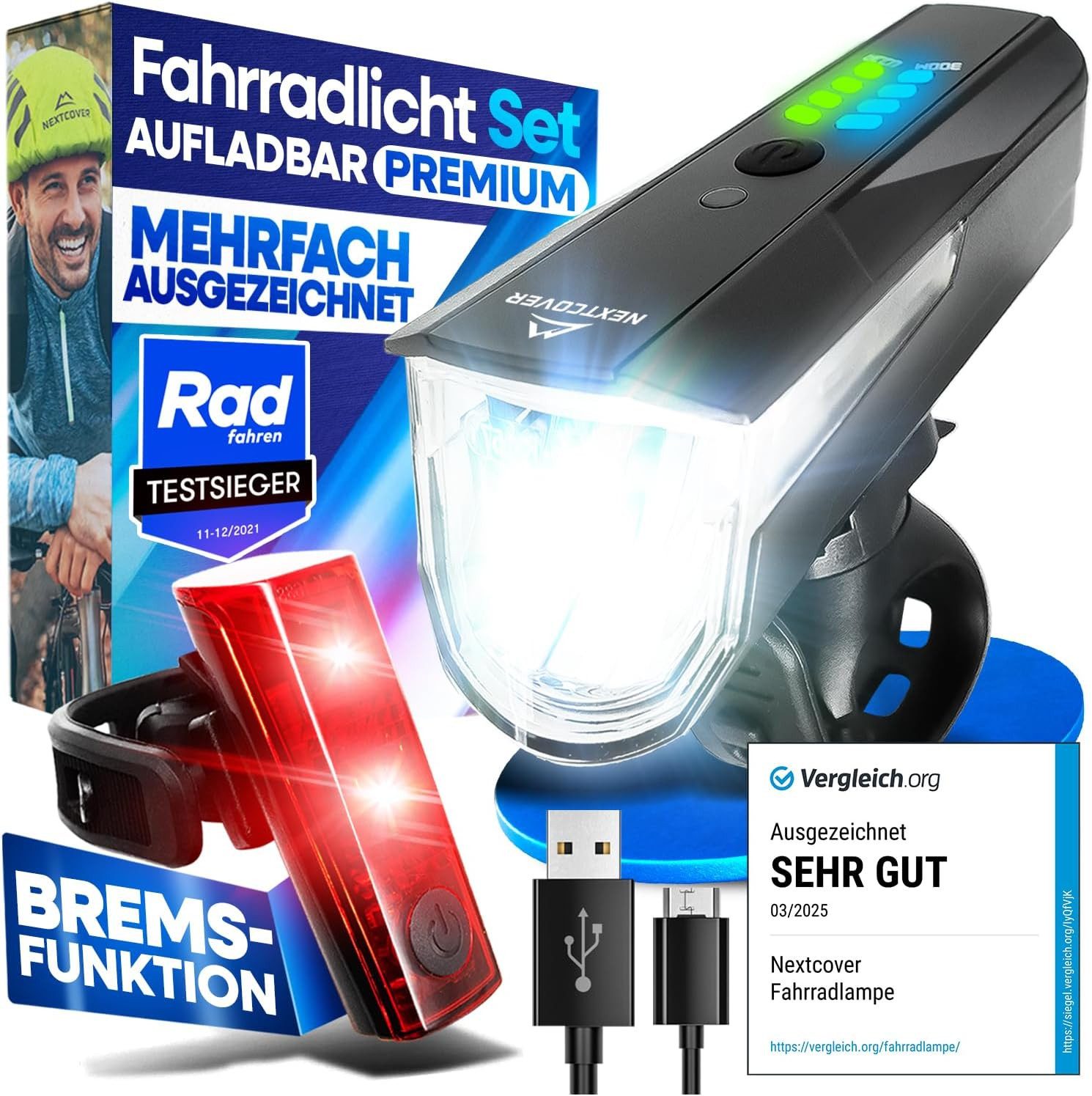 Nextcover Fahrradbeleuchtung NEXTCOVER® Fahrradlicht Set mit [LightSense] Sensor & 11h Akkulaufzeit