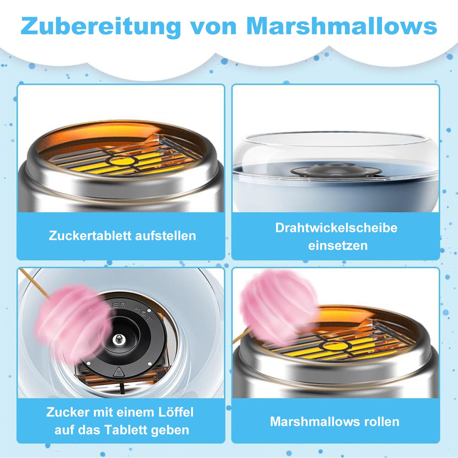 AIMAX Zuckerwattemaschine 500W Cotton Candy Machine Zuckerwattegerät Leckere zuckerwattemaschine, mit Messlöffel 10x Bambus-Stäbchen Kindergeburtstag Party Süßigkeiten