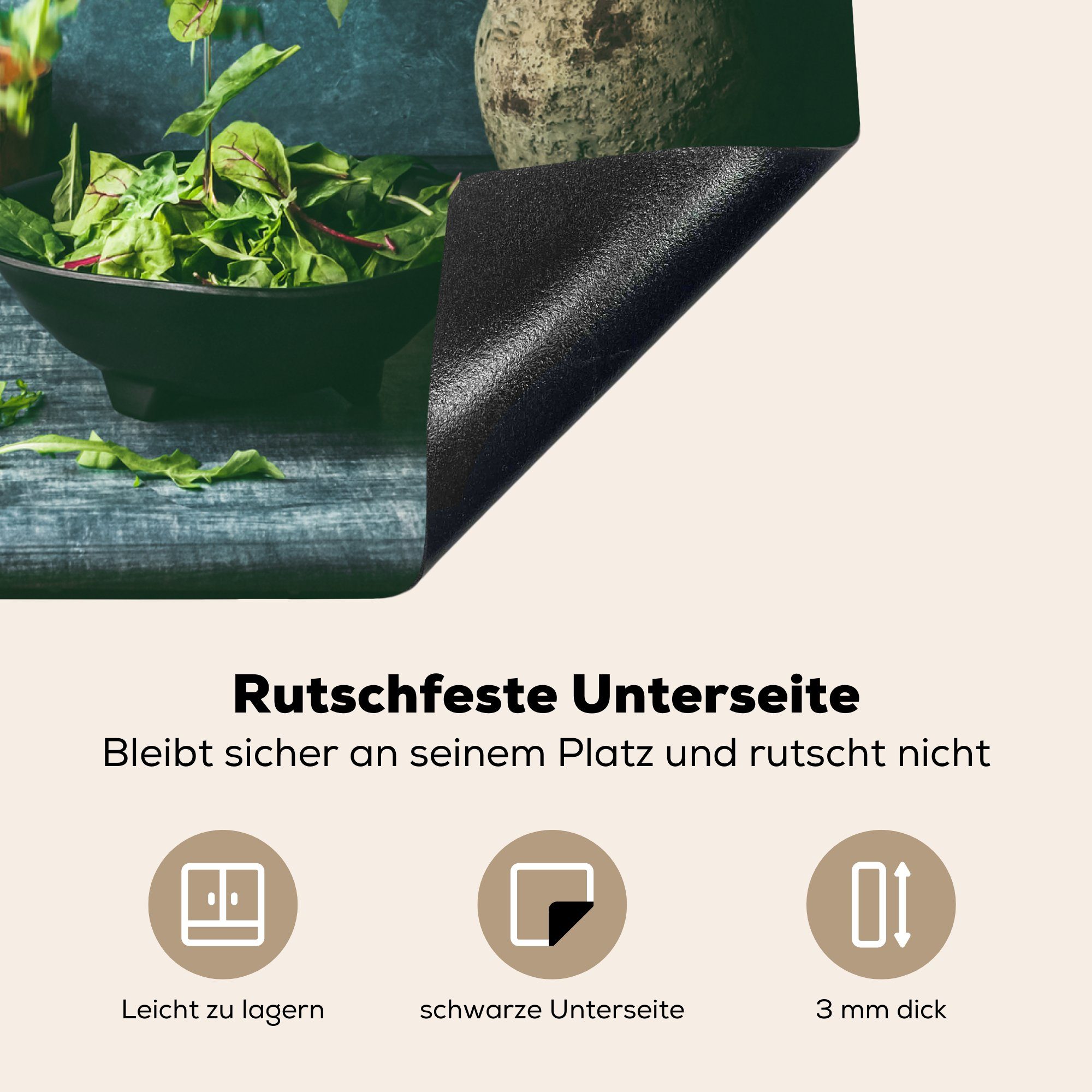 cm, Vinyl, Herdblende-/Abdeckplatte Salat MuchoWow (1 die Ceranfeldabdeckung küche, dem tlg), Grüner Olivenöl mit Induktionsmatte Küchentisch, auf 59x52 für