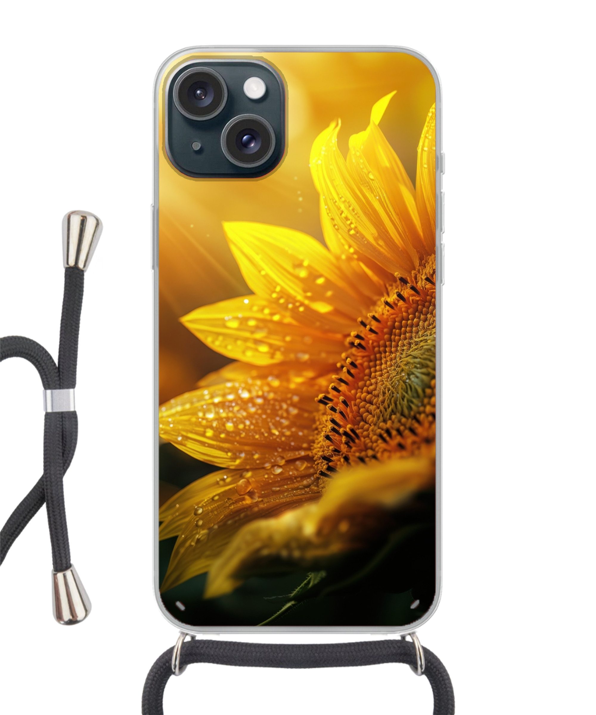 MuchoWow Handyhülle für Apple iPhone 15 Sonnenblume - Tautropfen - Gelb - Sonnenlicht, Tragbare Handyhüllen mit Kette zum umhängen, Handykette Handyband