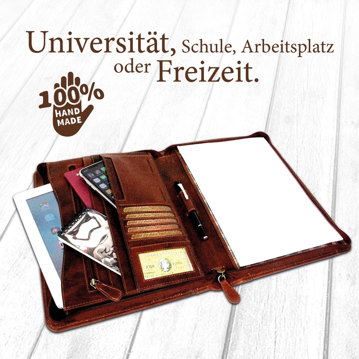 Corno d´Oro Aktenmappe für bis 12 Zoll Tablet iPad Handmade Dokumentenmappe A4 Leder Vintage, Schreibmappe mit Reißverschluss, RFID Schutz, im Geschenkbox