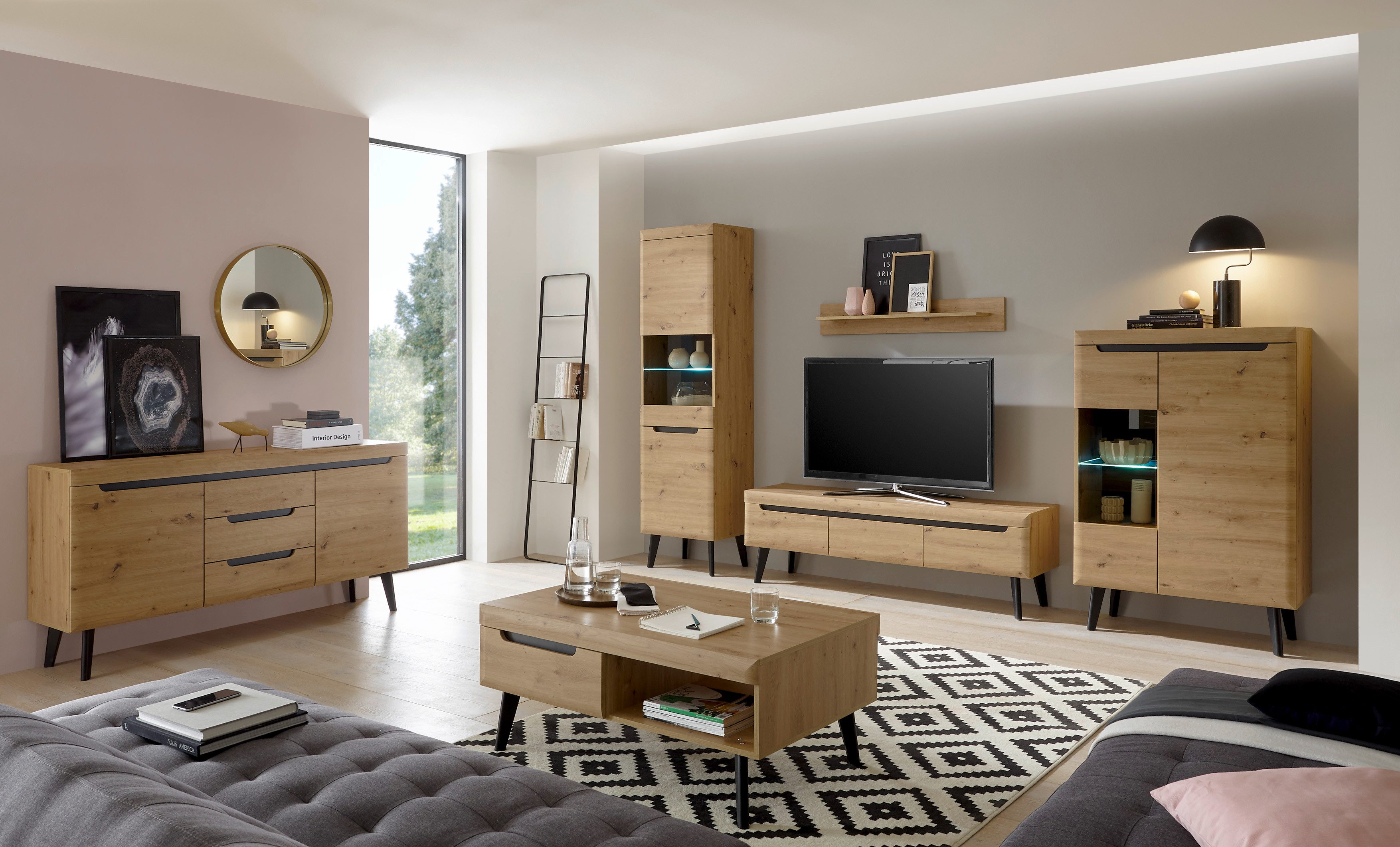 99rooms Wohnwand Tasania, (Set (6-St), Wohnmöbel), mit viel Stauraum, wahlweise mit LED-Beleuchtung
