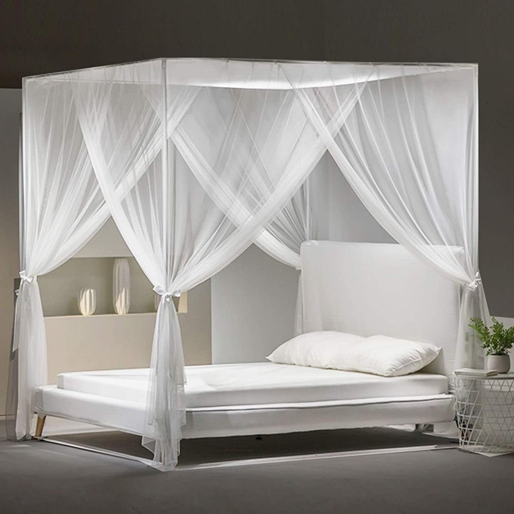 GelldG Moskitonetz Moskitonetz Groß 4 Bett für mit Fliegennetz Anti-Insekt Eckpfosten weiß