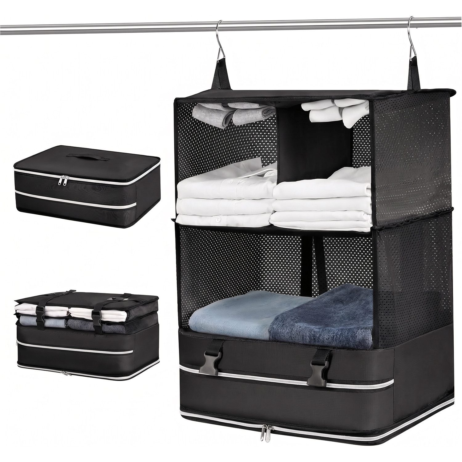 HEYHIPPO Kofferorganizer Hängende Kleideraufbewahrung 3 Ebenen, 43×29×50cm, Reißverschlussfach (Packung, Reise-Kleideraufbewahrung faltbar, für Schrank, Reise, Koffer), Kleider-Organizer,Polyester-Netz, wasserabweisend,Metallhaken, schwarz