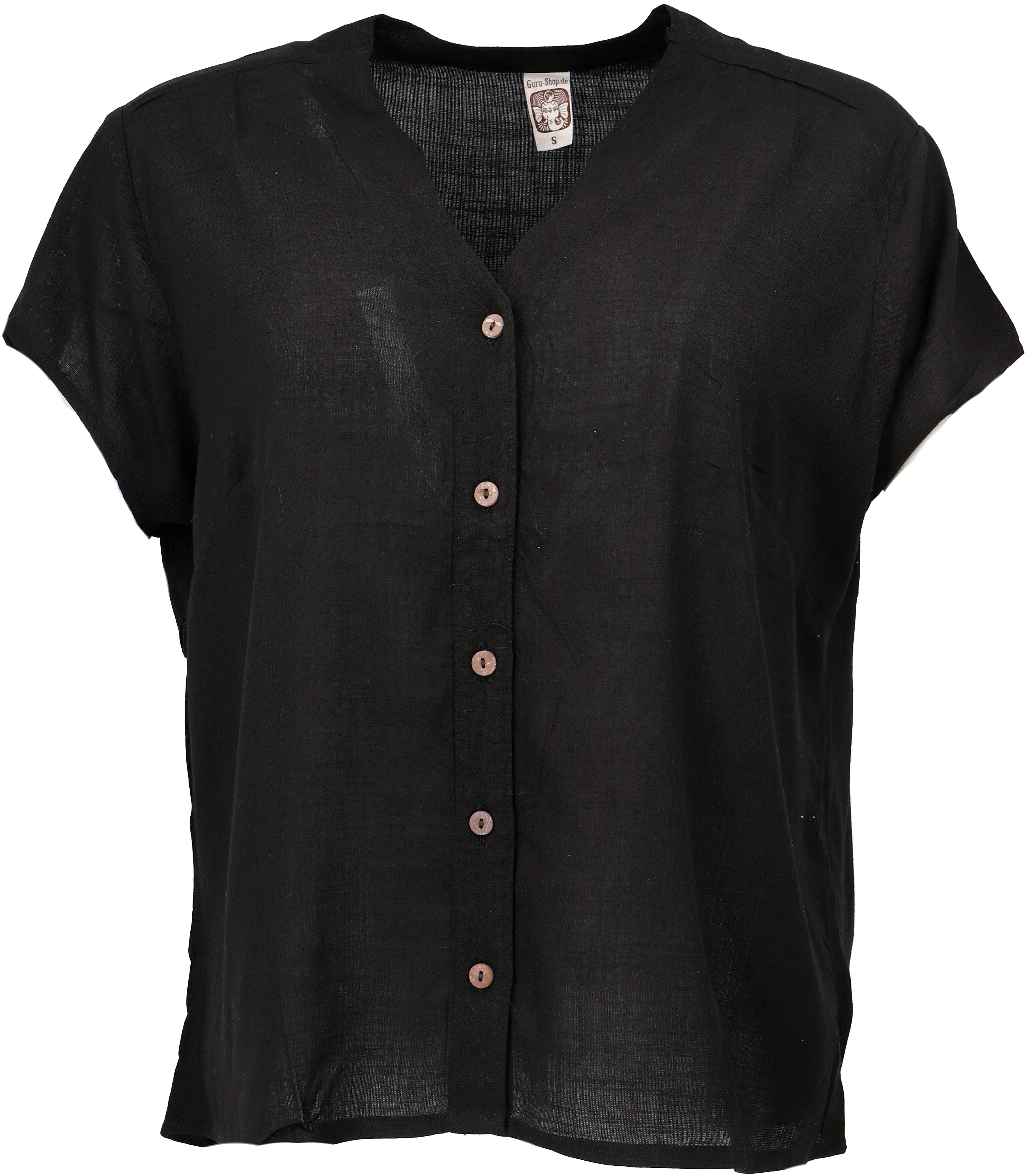 Guru-Shop Longbluse Luftiges Basic Blusentop, kurzarm Bluse - schwarz alternative Bekleidung