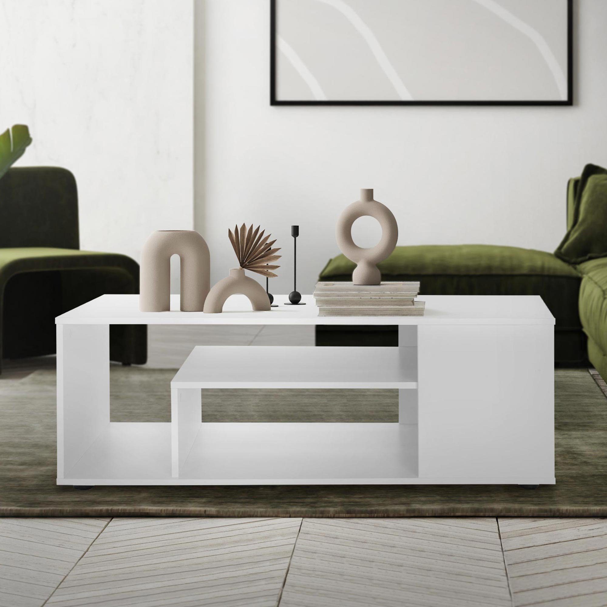 ML-DESIGN Couchtisch Wohnzimmertisch Sofatisch Beistelltisch Kaffeetisch Holztisch, Weiß 110x50x41cm Geräumig mit 4 Abstellflächen auf 3 Etagen