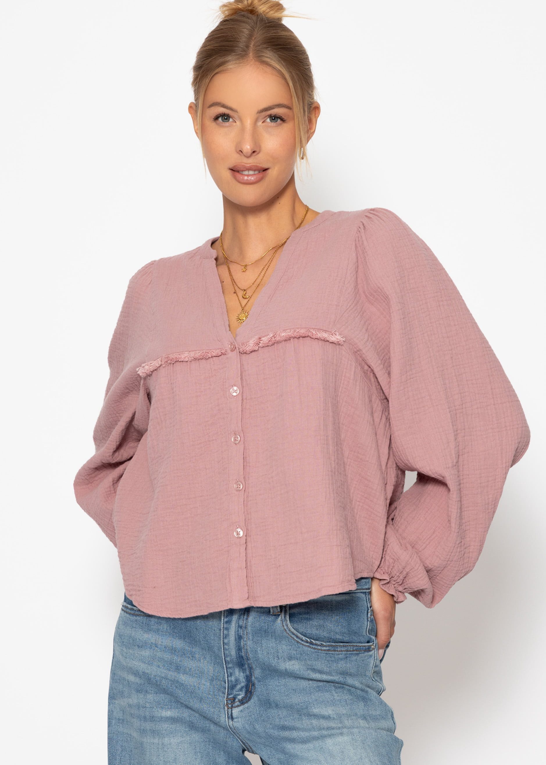 SASSYCLASSY Langarmbluse Musselinbluse Damen mit Fransen günstig online kaufen