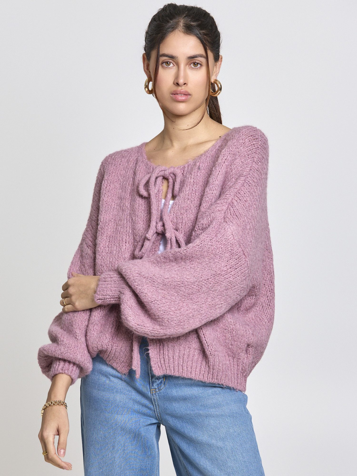 Lilavie Cardigan Miaa One Size kuscheliger Grobstrick mit Bindebändern