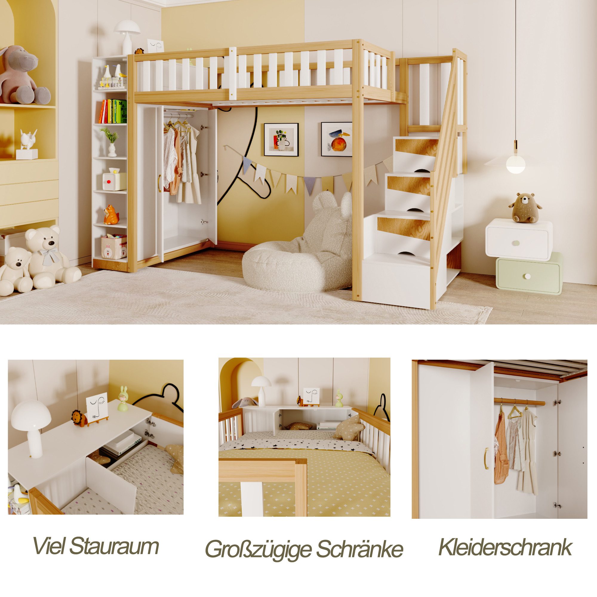 Odikalo Kinderbett Hochbett Jugendbett 90x200 mit Stauraum (Multifunktionales Hochbett 90x200cm mit Regalen, Stauschrank und großem Kleiderschrank, Sicherheitsleiter mit Ablagefächern, Grau + Rohholzfarben)