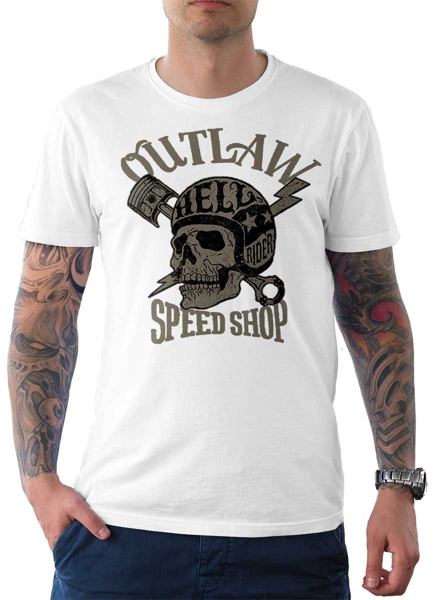 Biker T-Shirt mit Motiv Outlaw Weiß Rebel Herren T-Shirt / Speed Motorrad On Shop Wheels Tee